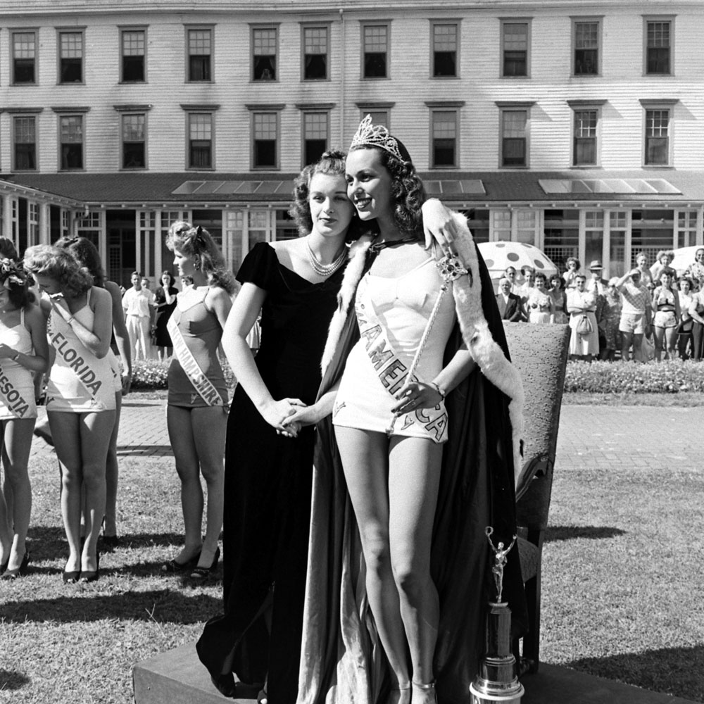 Miss America Bess Myerson (right) and friend, Atlantic City, New Jersey, September 1945.