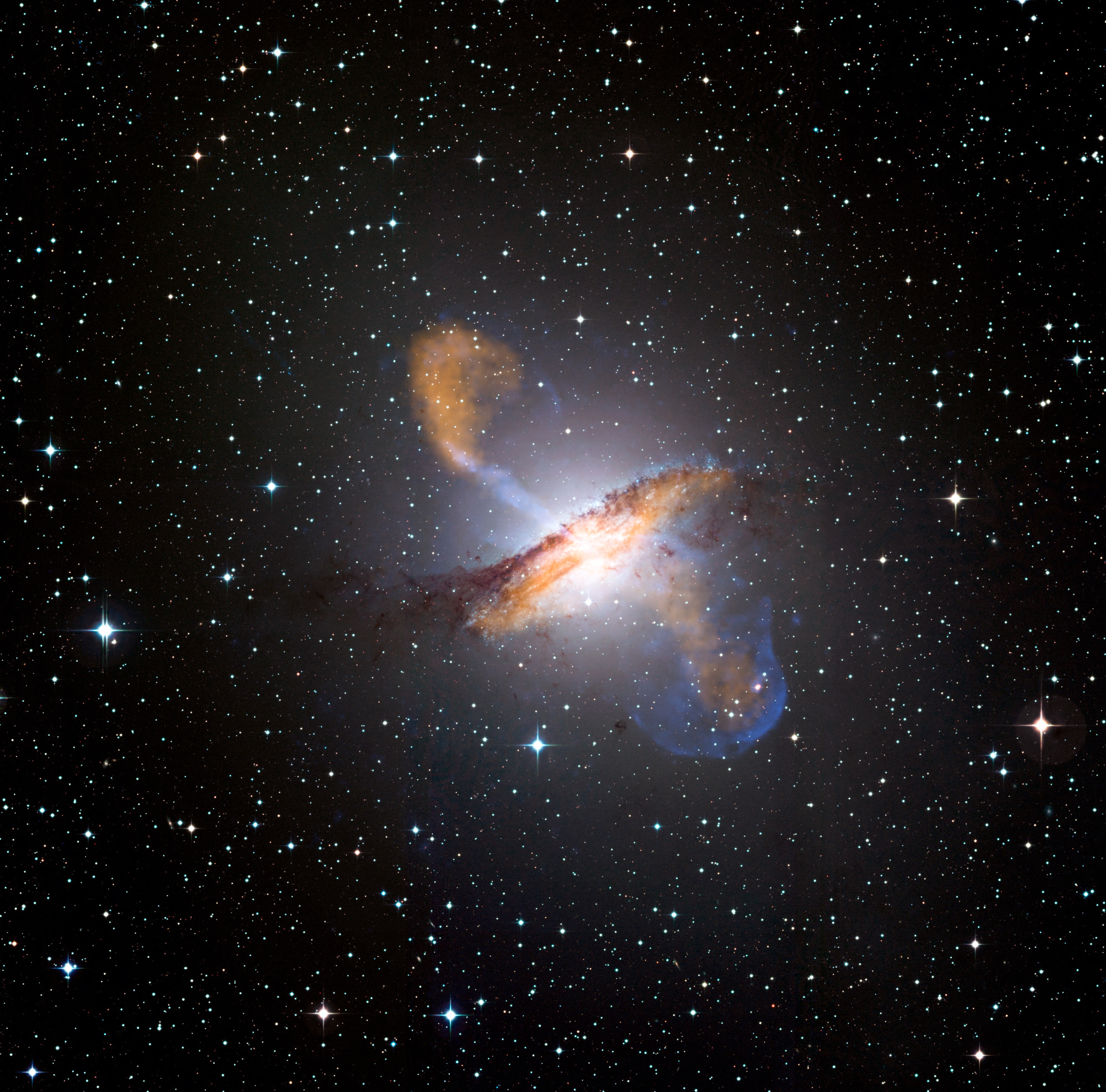 Don't get too close: A black hole in the galaxy Centaurus A emitting gas jets as it sucks in matter.
