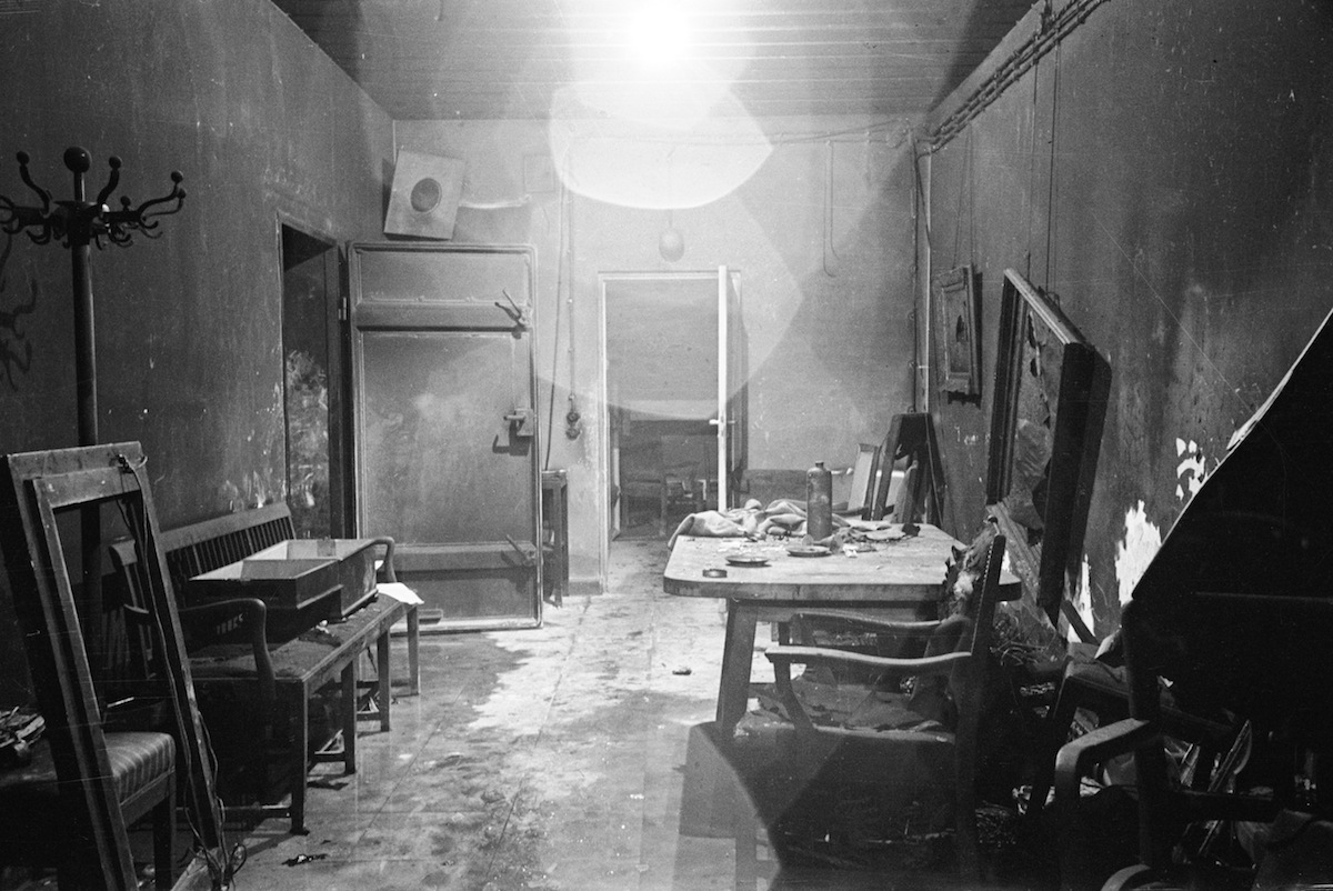 Adolf Hitler's command center conference room partially burned out by SS troops and stripped of evidence by invading Russians, in bunker under the Reichschancellery after Hitler's suicide (William Vandivert—The LIFE Picture Collection/Getty Images)