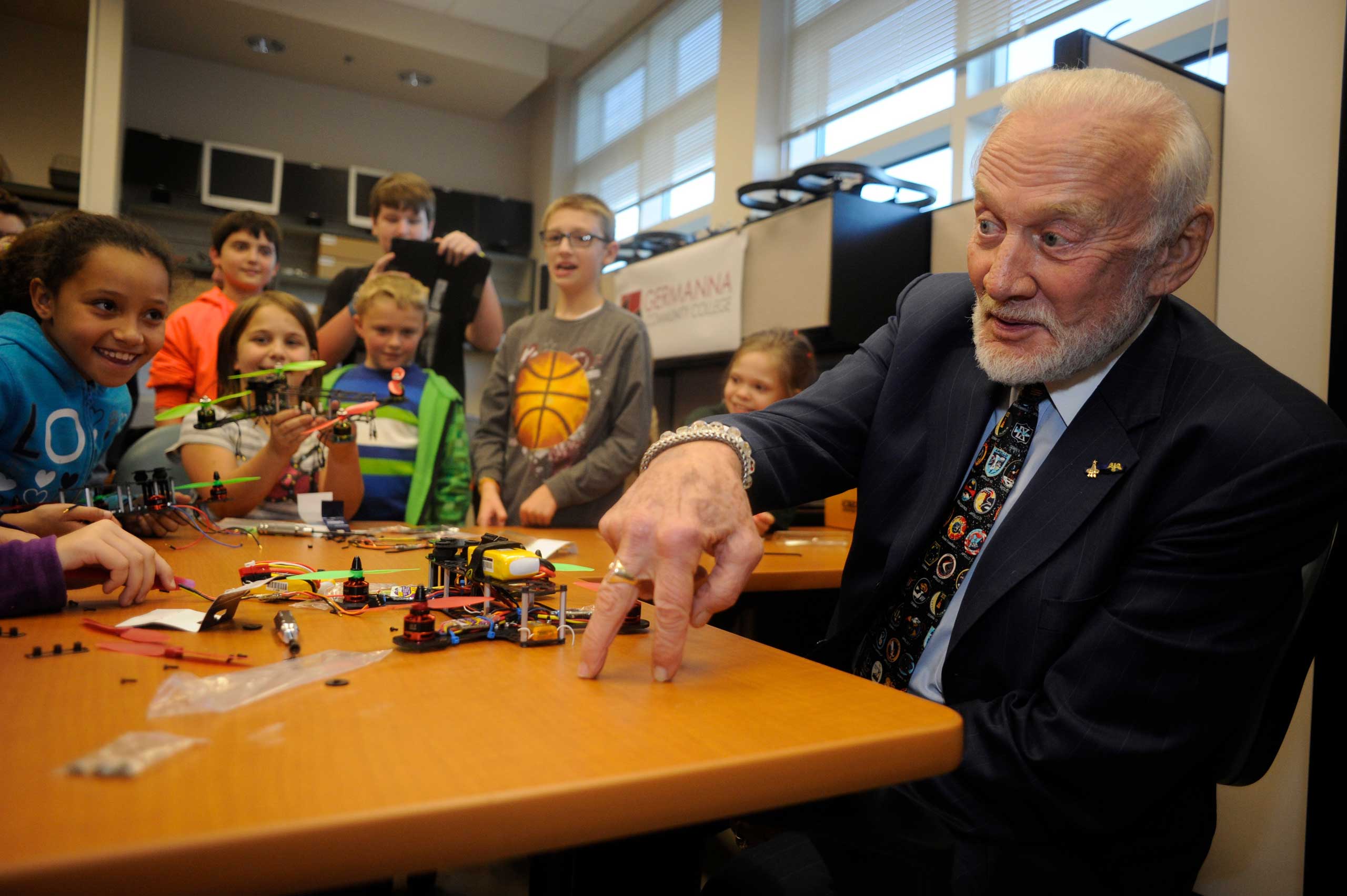 Aldrin frequently speaks to students about his experiences as an astronaut. He is seen here taking to students from the Madison and Orange Boys and Girls Clubs on Nov. 7, 2014, in Culpeper, Va.