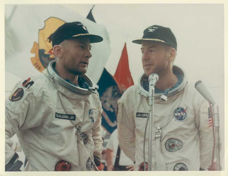 Gemini 12 splashed down in the in the western Atlantic Ocean on Nov. 15, 1966, 4.8 kilometers from its original target. Aldrin and mission commander Jim Lovell addressed the media and crew on the deck of the recovery ship.