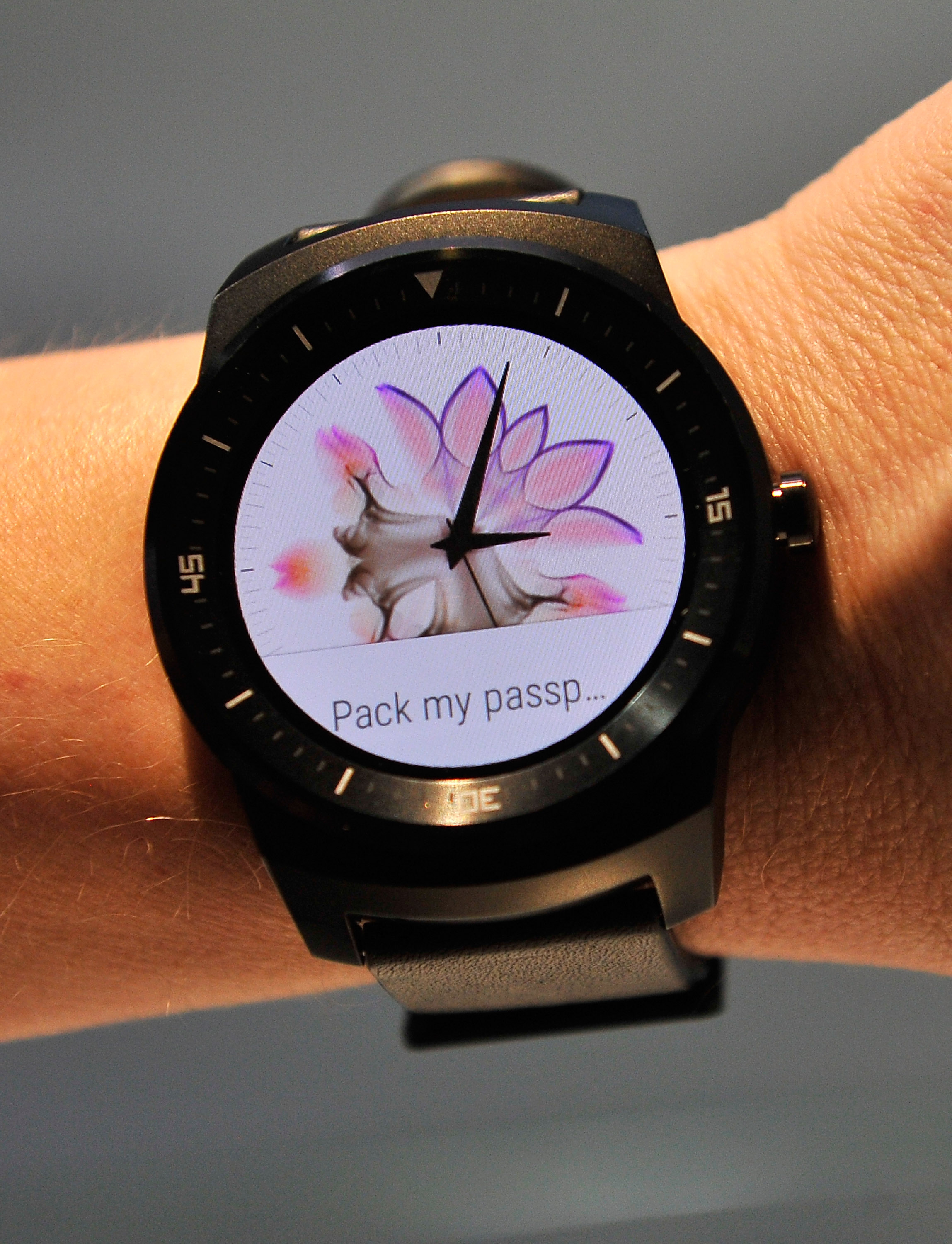 A model displays the LG G Watch R during the 2015 International CES on Jan. 6, 2015 in Las Vegas, Nevada.