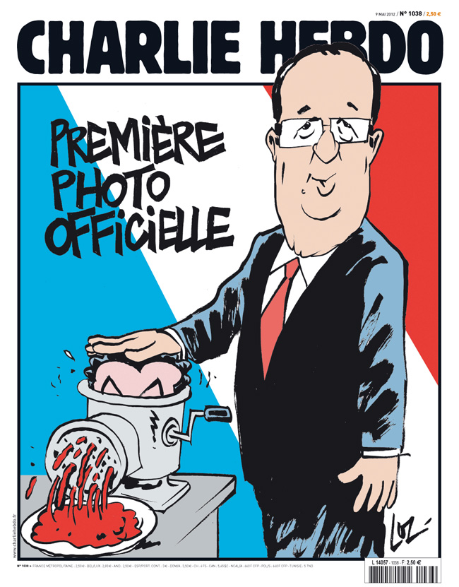 First official photo of newly elected Hollande, pushing Sarkozy into a meat grinder.