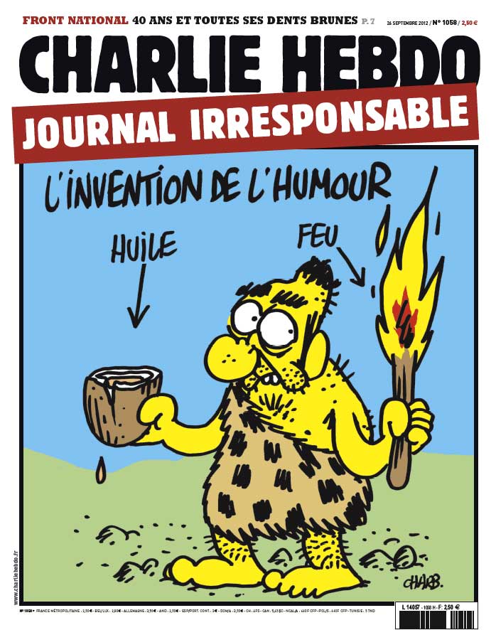 In this cover, the newspaper called itself an irresponsible newspaper, and likening itself to a Neanderthal, claiming that the invention of humor is the process of adding fuel to the fire.