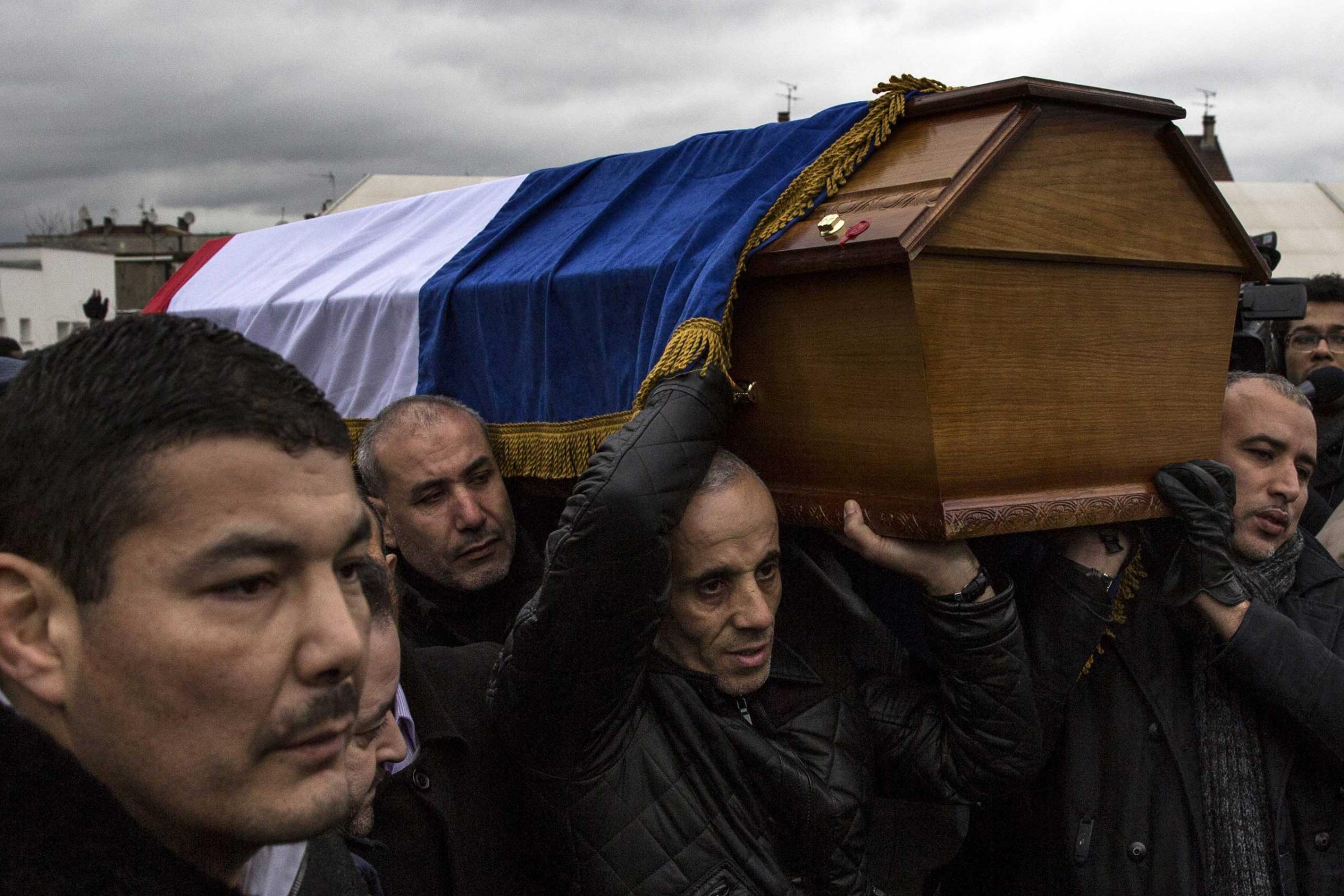 The funeral of murdered police officer Ahmed Merabet takes place at a muslim cemetery on Jan. 13, 2015 in Bobigny, France.