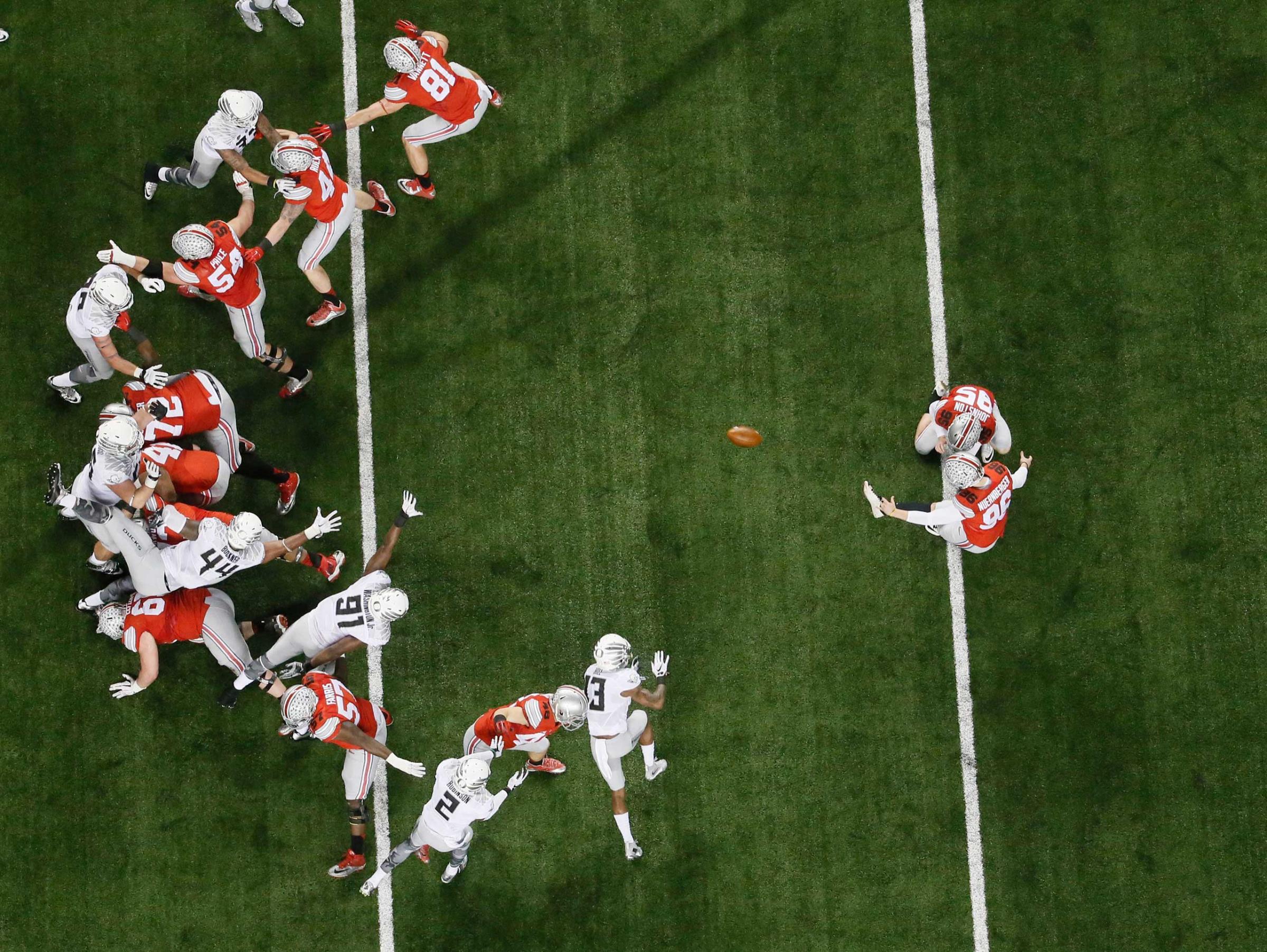 Ohio State place kicker Sean Nuernberger (96) kicks an extra point during the NCAA college football playoff championship game against Oregon on Jan. 12, 2015, in Arlington, Texas.