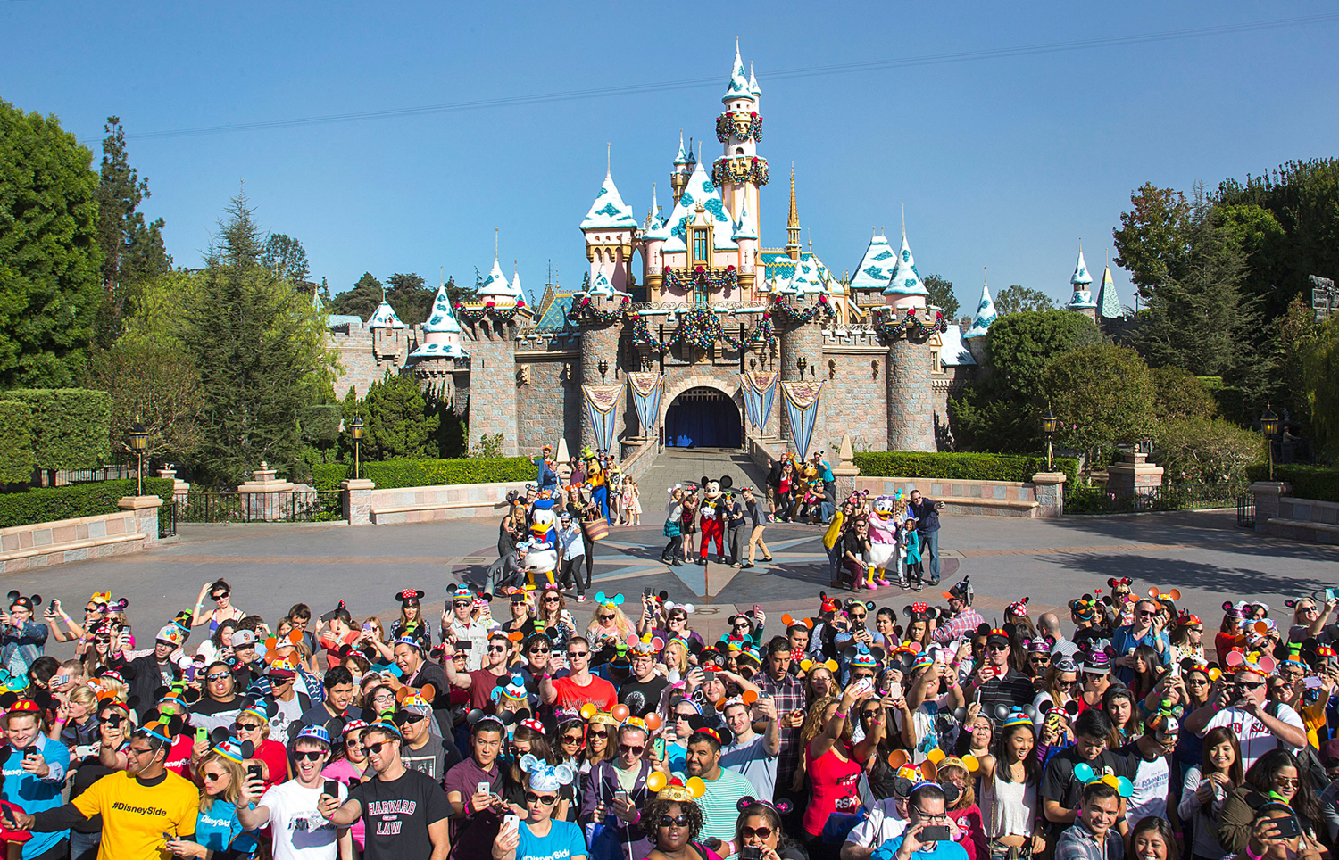 More than 1,000 fans gather for a photo at Disneyland in Anaheim, Calif. (Newsire — AP)