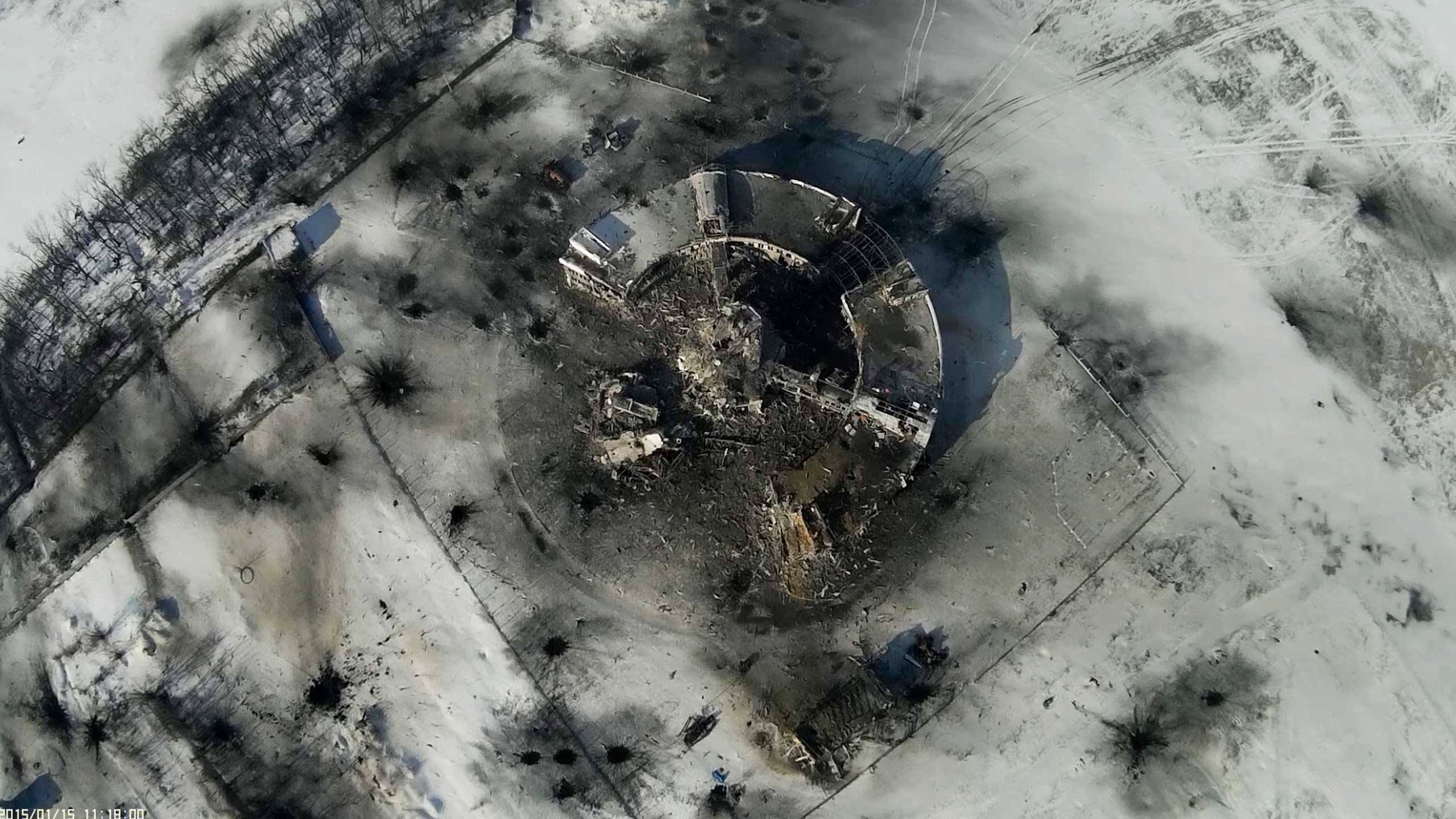 The destroyed control tower at the airport in Donetsk, eastern Ukraine, Jan. 15, 2015.