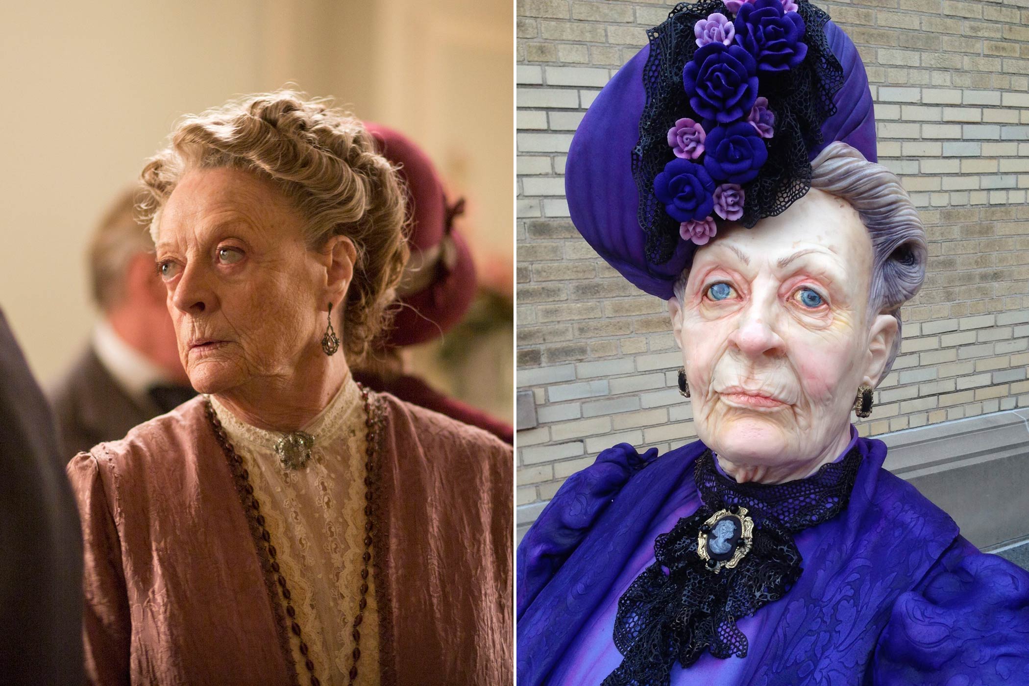 From left: Maggie Smith as the Dowager Countess in <i>Downton Abbey</i>; Dowager Countess cake by Karen Portaleo (Masterpiece/PBS; Karen Portaleo)
