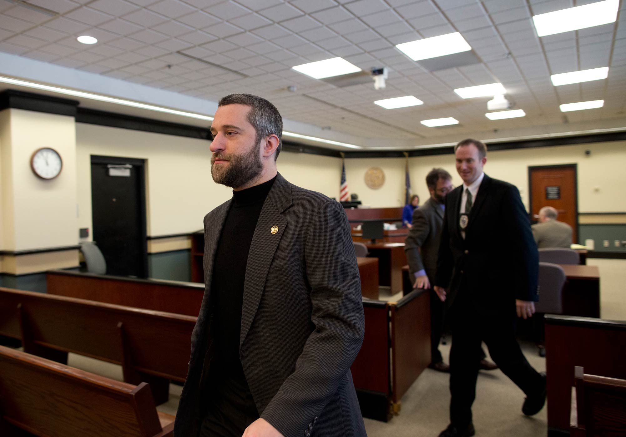 Dustin Diamond, left, leaves his preliminary hearing at Ozaukee County Courthouse on January 5, 2015 in Port Washington, Wisconsin. (Jeffrey Phelps—Getty Images)