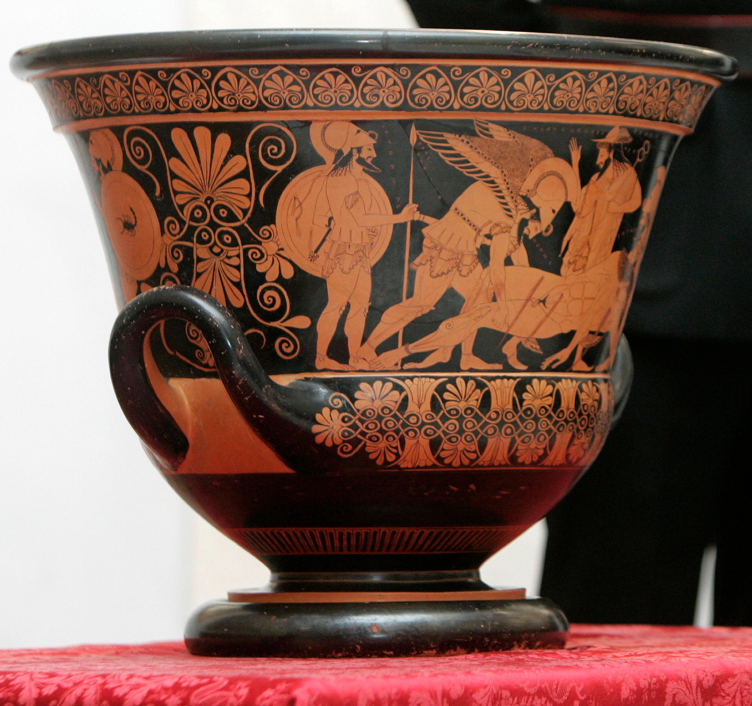 The Euphronios krater vase is presented during a news conference in Rome