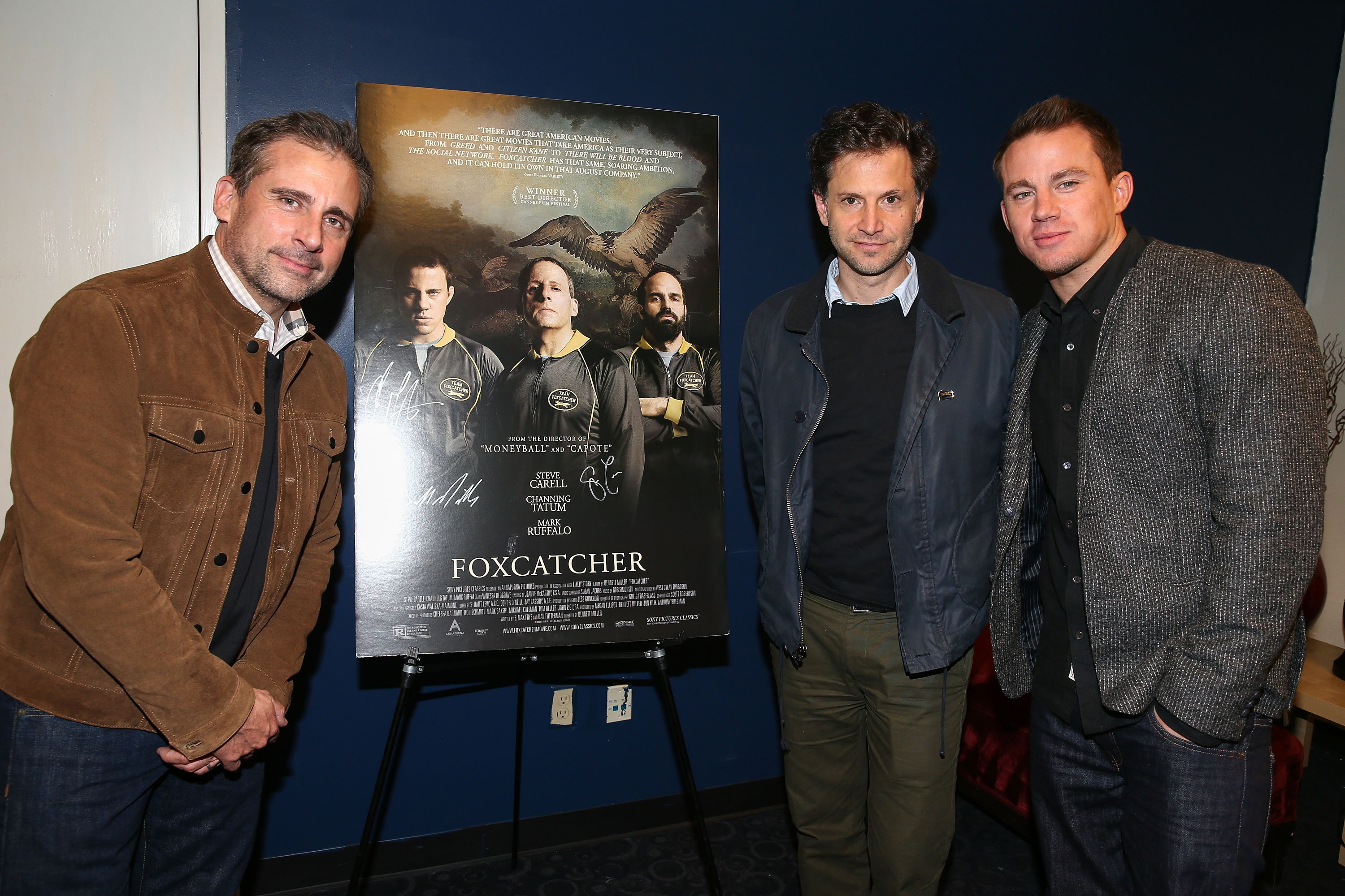 From left: Actor Steve Carell, director Bennett Miller, and actor Channing Tatum attend the screening of 'Foxcatcher' on Nov. 19, 2014 in Hollywood, California.