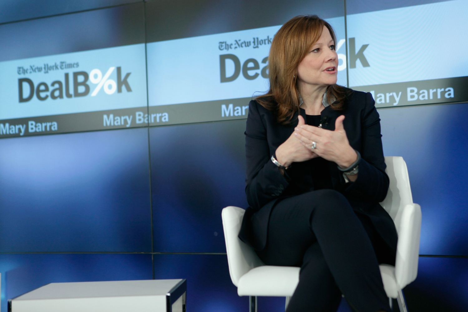 General Motors CEO Mary Barra speaks onstage during The New York Times DealBook Conference at One World Trade Center on Dec. 11, 2014 in New York City. (Thos Robinson — Getty Images)