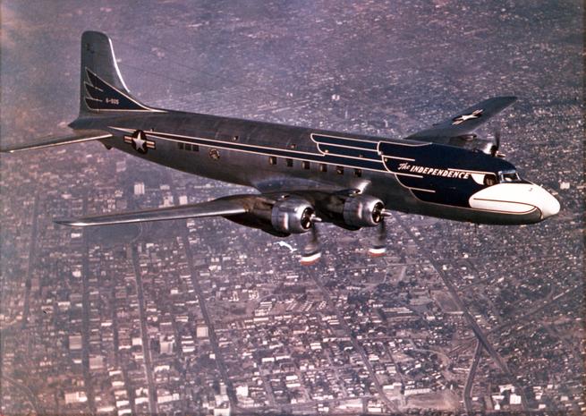 Faded color photograph of the Independence in flight.Date: ca. 1947 The Independence