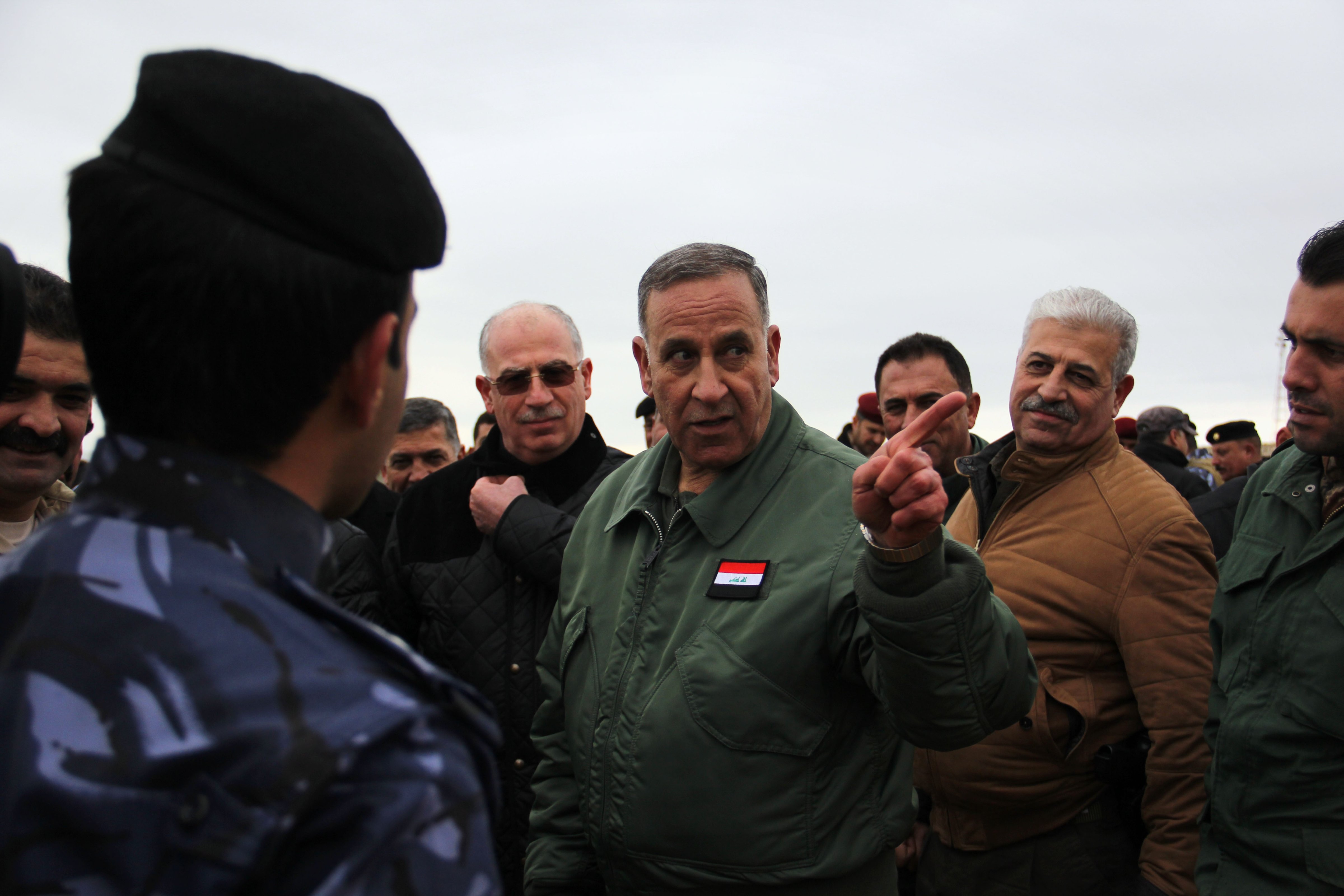 Iraqi national Defense Minister Khaled al-Obeidi visits the Mosul Liberation Camp in Dubardan, Iraq. (Rebecca Collard)