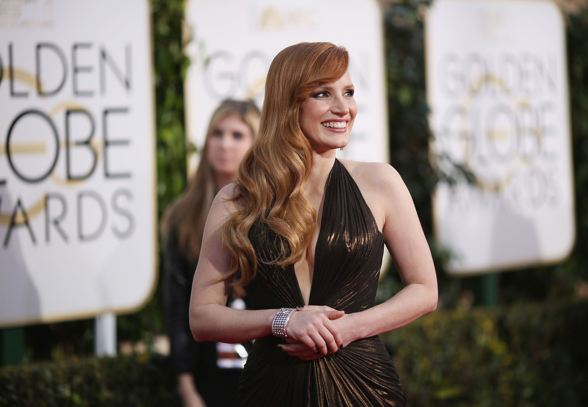 Jessica Chastain arrives to the 72nd Annual Golden Globe Awards held at the Beverly Hilton Hotel on Jan. 11, 2015.