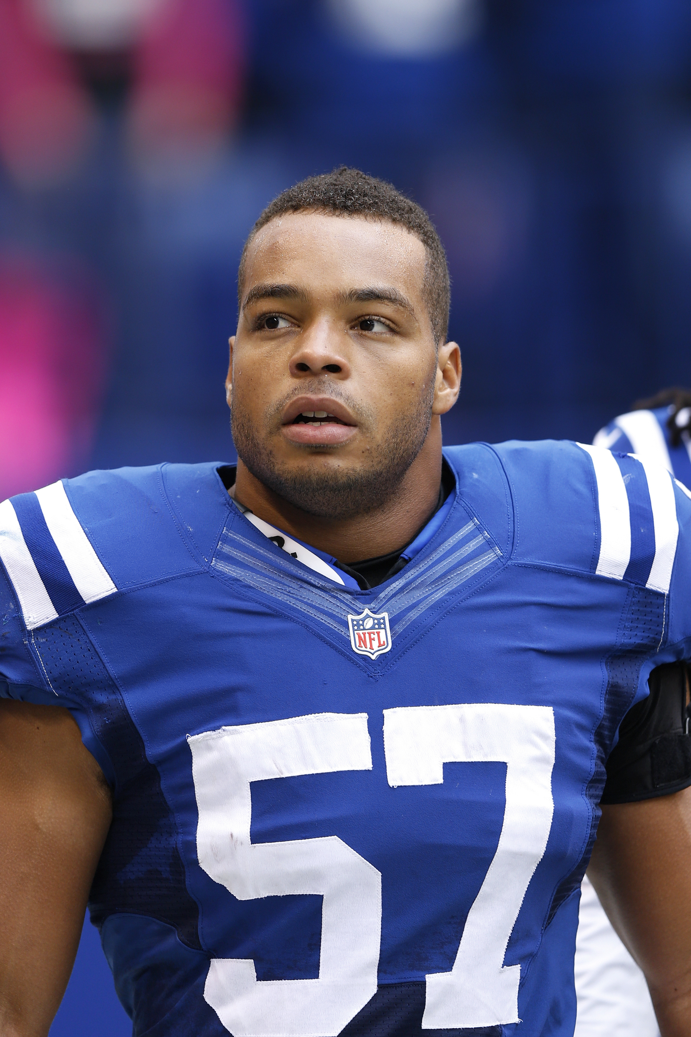 Josh McNary #57 of the Indianapolis Colts looks on against the Baltimore Ravens during the game at Lucas Oil Stadium on Oct. 5, 2014 in Indianapolis. (Joe Robbins—Getty Images)