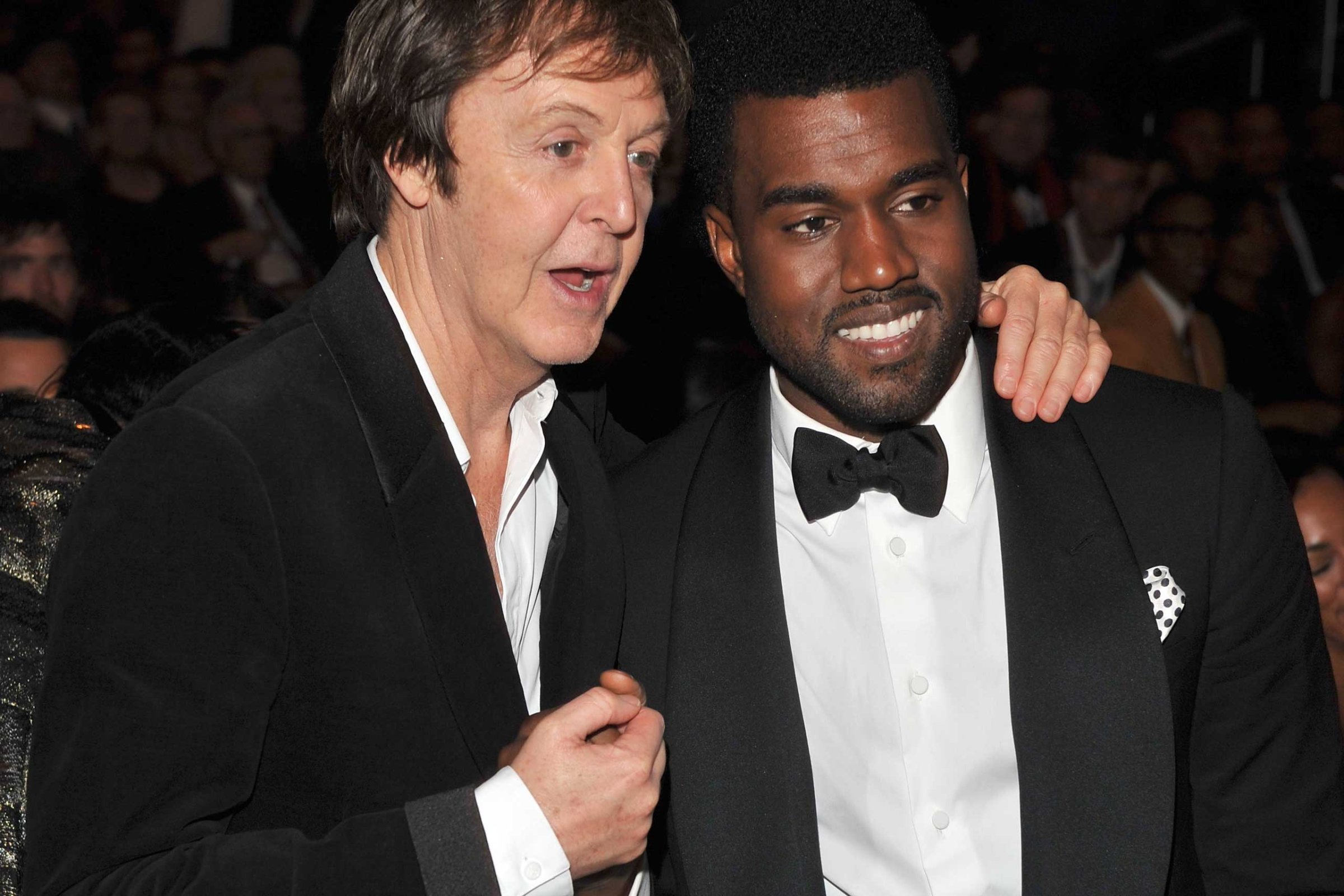 Musicians Paul McCartney and Kanye West together at the Grammy's in 2009.