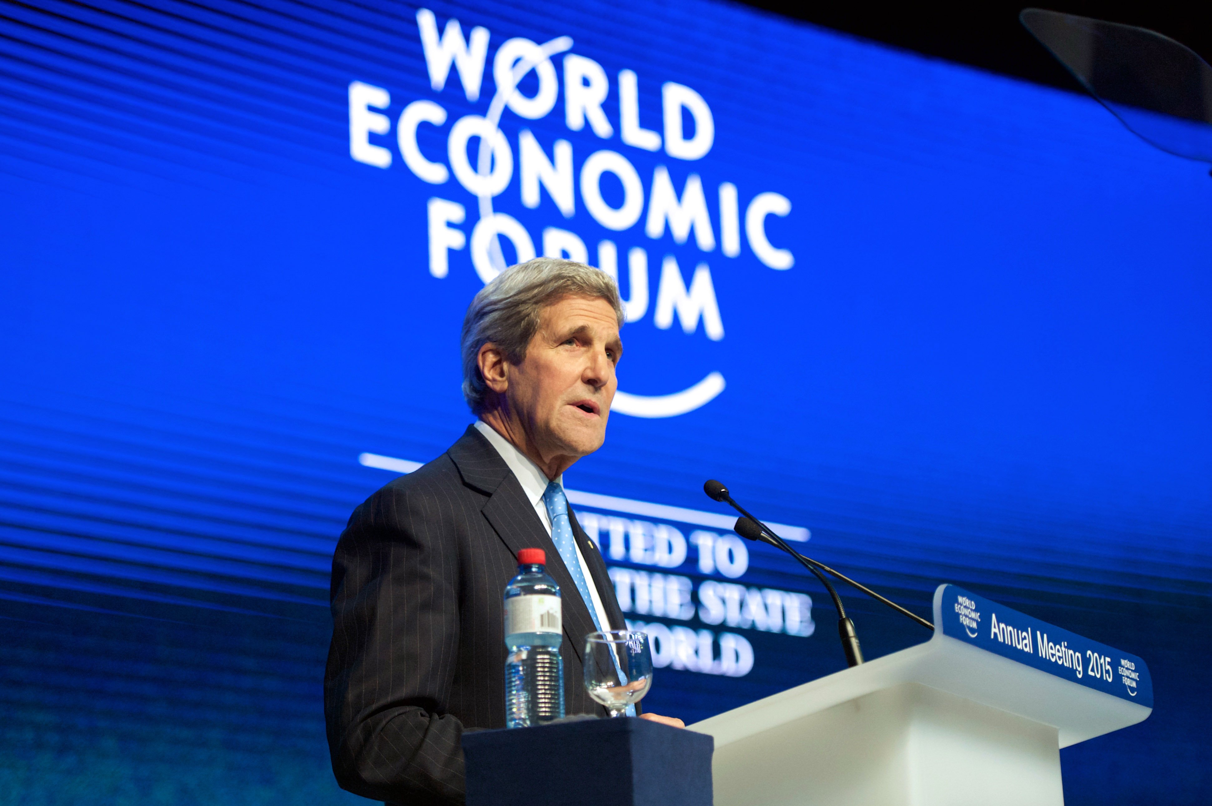 Secretary of State John Kerry delivers a speech about violent extremism to the audience at the World Economic Forum in Davos, Switzerland on Jan. 23, 2015. (Demotix/Corbis)