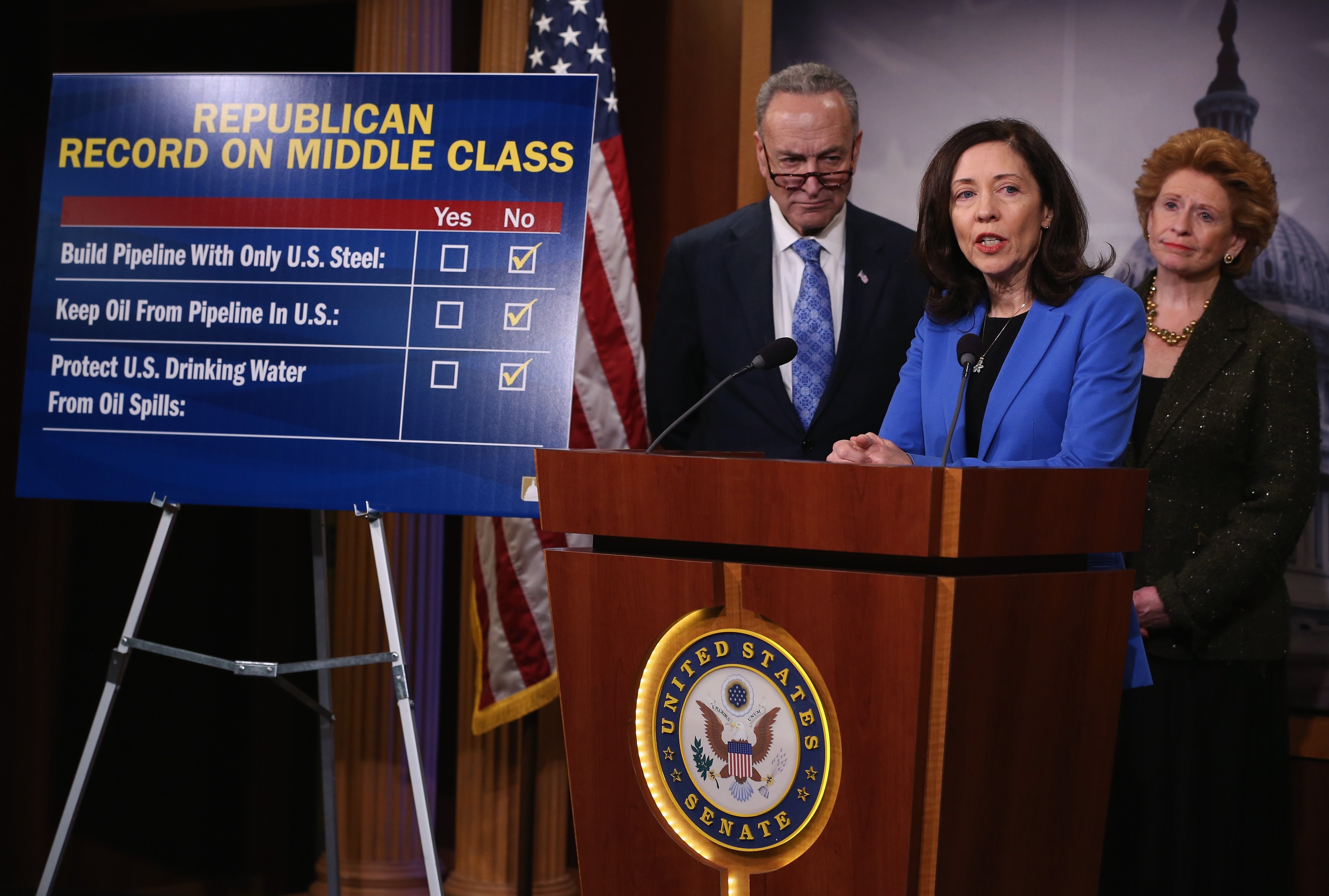Sen. Maria Cantwell (D-WA) (C) speaks about the Keystone XL Pipeline while flanked by Sen. Chuck Schumer (D-NY) and Sen. Debbie Stabenow (D-MI) during a news conference on Jan. 29, 2015 at the US Capitol in Washington D.C. (Mark Wilson—Getty Images)
