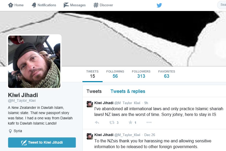 This screenshot shows Mark Taylor's twitter profile before it was suspended. (Mark Taylor, also known as Kiwi Jihadi (<a href="http://twitter.com/m_taylor_kiwi">@M_Taylor_Kiwi</a>) via Twitter)