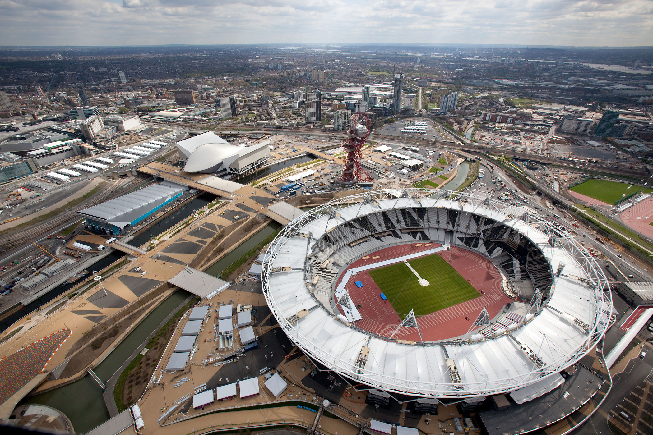 An aerial view of the Olympic Stadium, Aquatics Centre and Water Polo Centre in the London 2012 Olympic Park on April 16, 2012 in London, England. (Anthony Charlton—LOCOG/Getty Images)