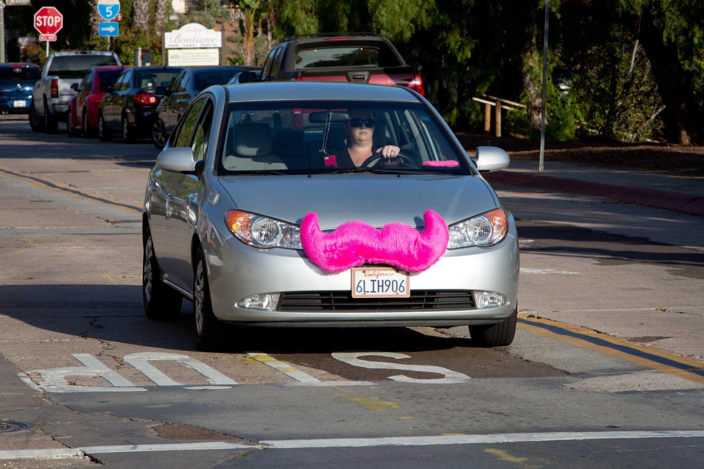 A woman is driving a car for the rideshare company Lyft with a fake jumbo pink moustache that attaches to the grille of the car, in June 2014. Lyft is said to be 30% cheaper than cabs. Photo by: Frank Duenzl/picture-alliance/dpa/AP Images