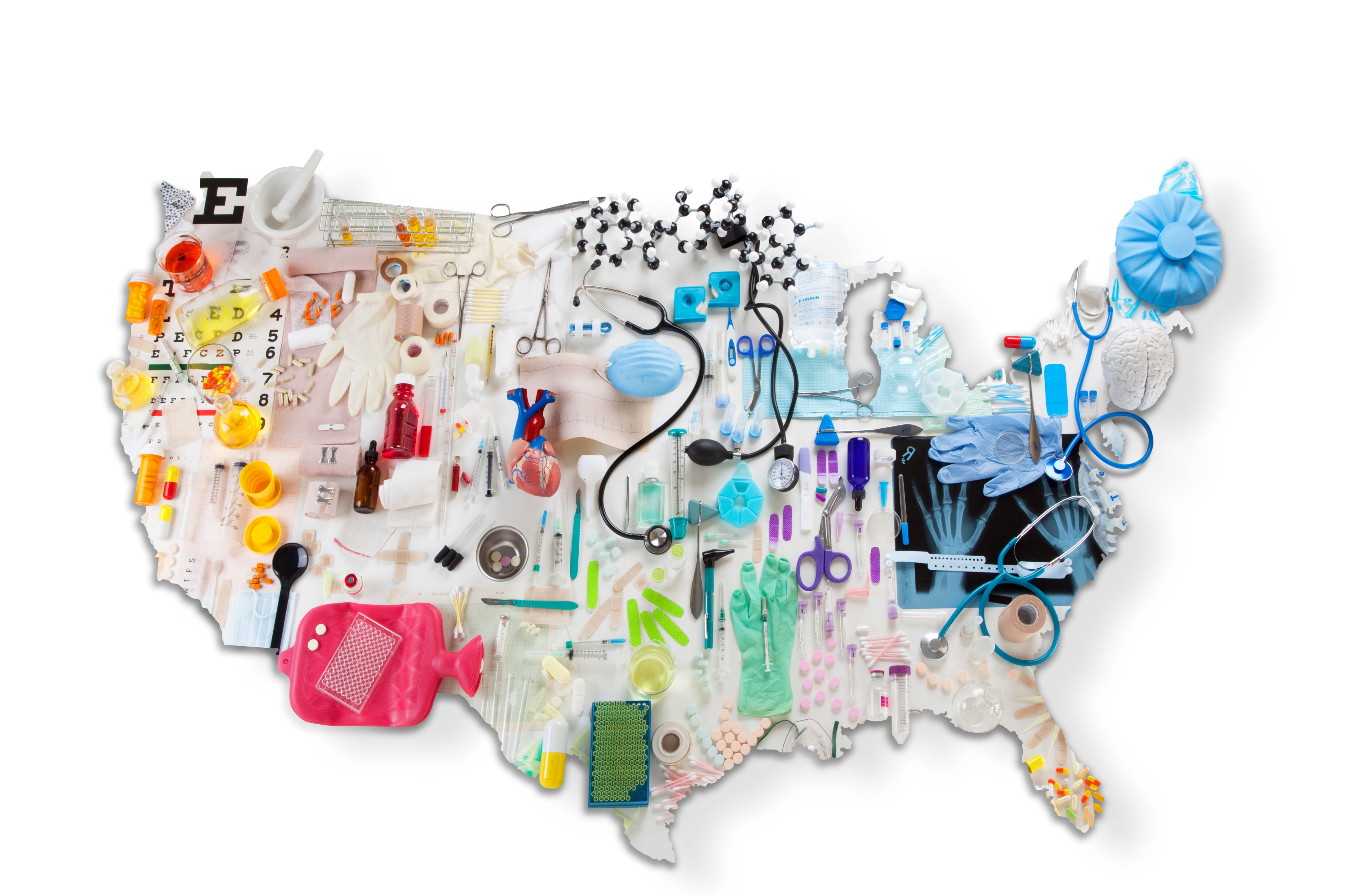 US map made of medical tools and healthcare items