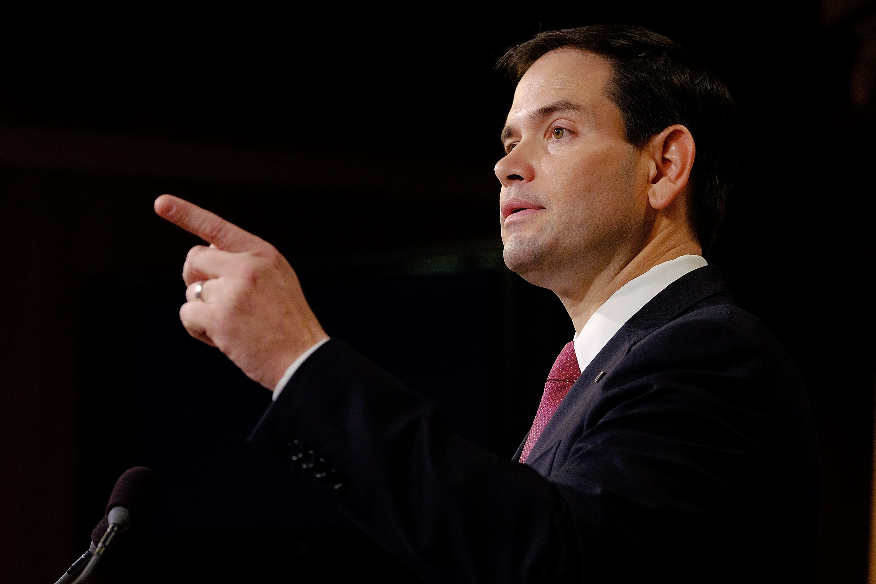 Sen. Marco Rubio (R-FL) reacts to U.S. President Barack Obama's announcement about revising policies on U.S.-Cuba relations on December 17, 2014 in Washington, DC. (T.J. Kirkpatrick&mdash;Getty Images)