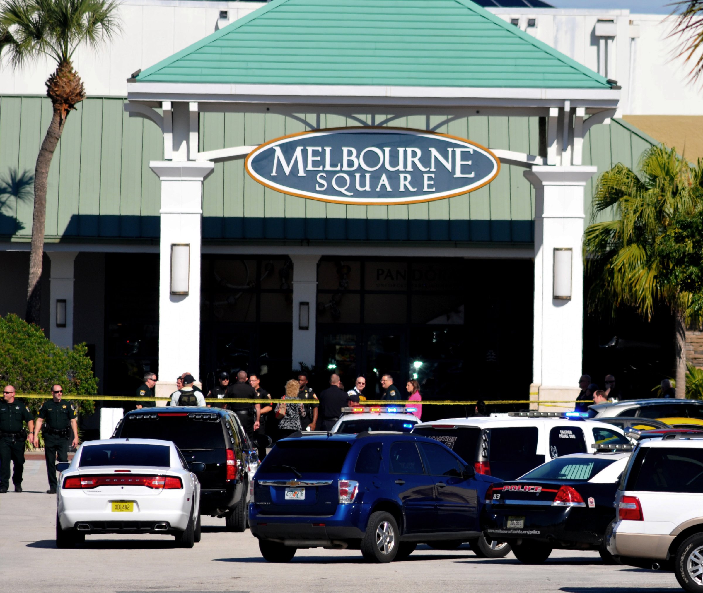 Emergency personnel respond to the scene of a shooting at the Melbourne Square Mall on Jan 17, 2015 in Melbourne, Fla.