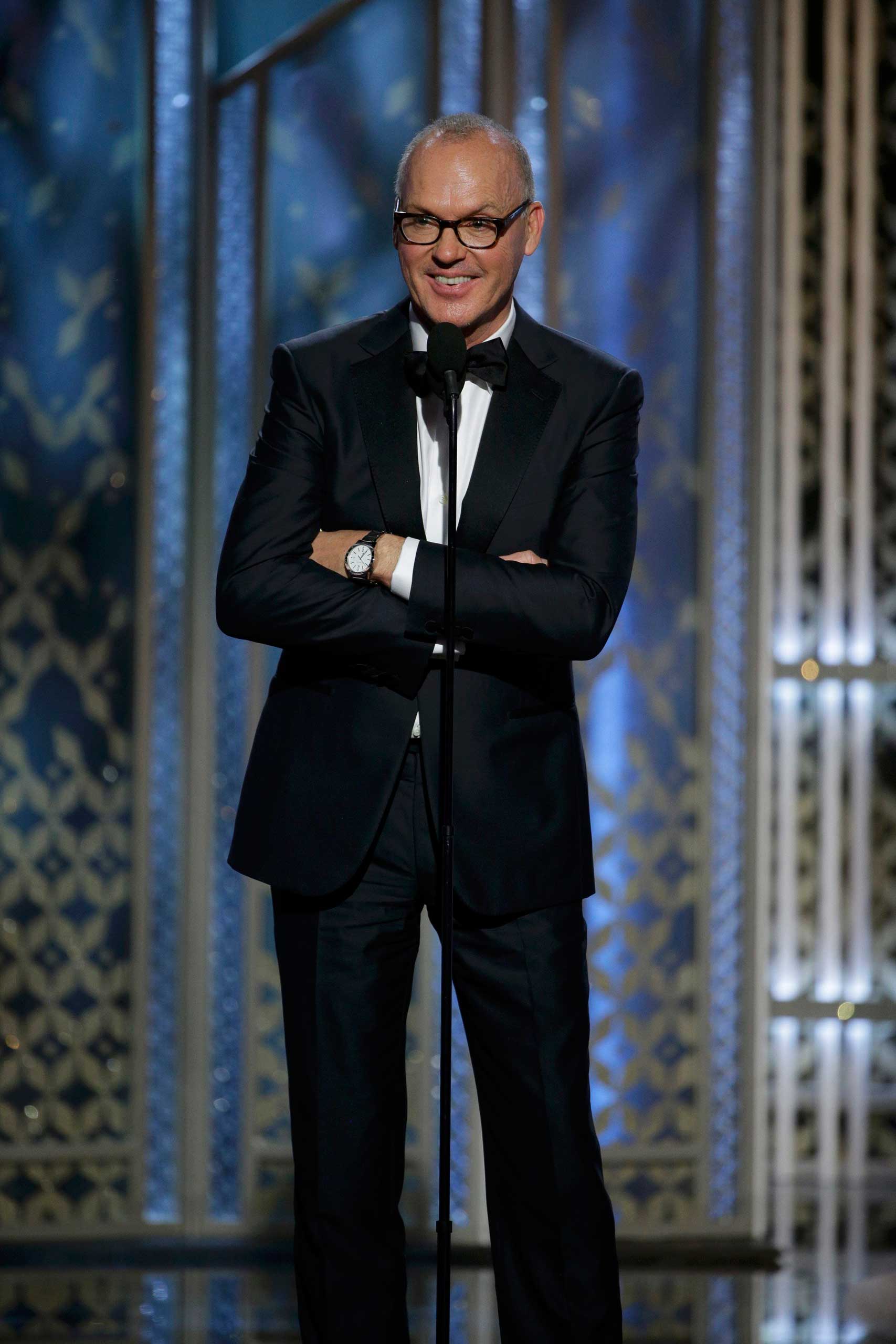 Michael Keaton accepts the Golden Globe Award for Best Actor - Motion Picture, Comedy or Musical for "Birdman" at the 72nd Golden Globe Awards in Beverly Hills, Jan. 11, 2015.
