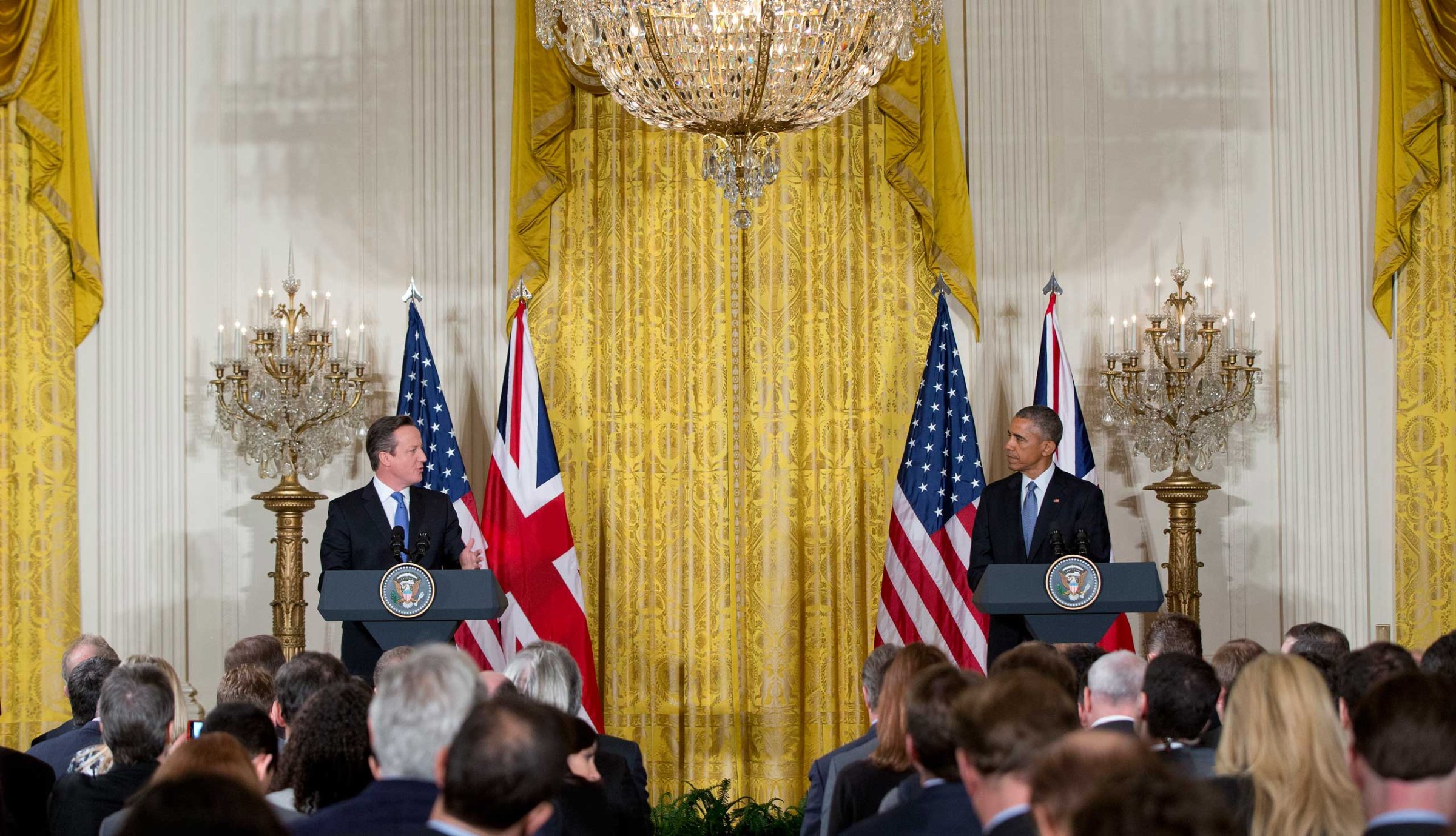 President Barack Obama and British Prime Minister David Cameron hold a joint news conference in the East Room of the White House in Washington on Jan. 16, 2015.