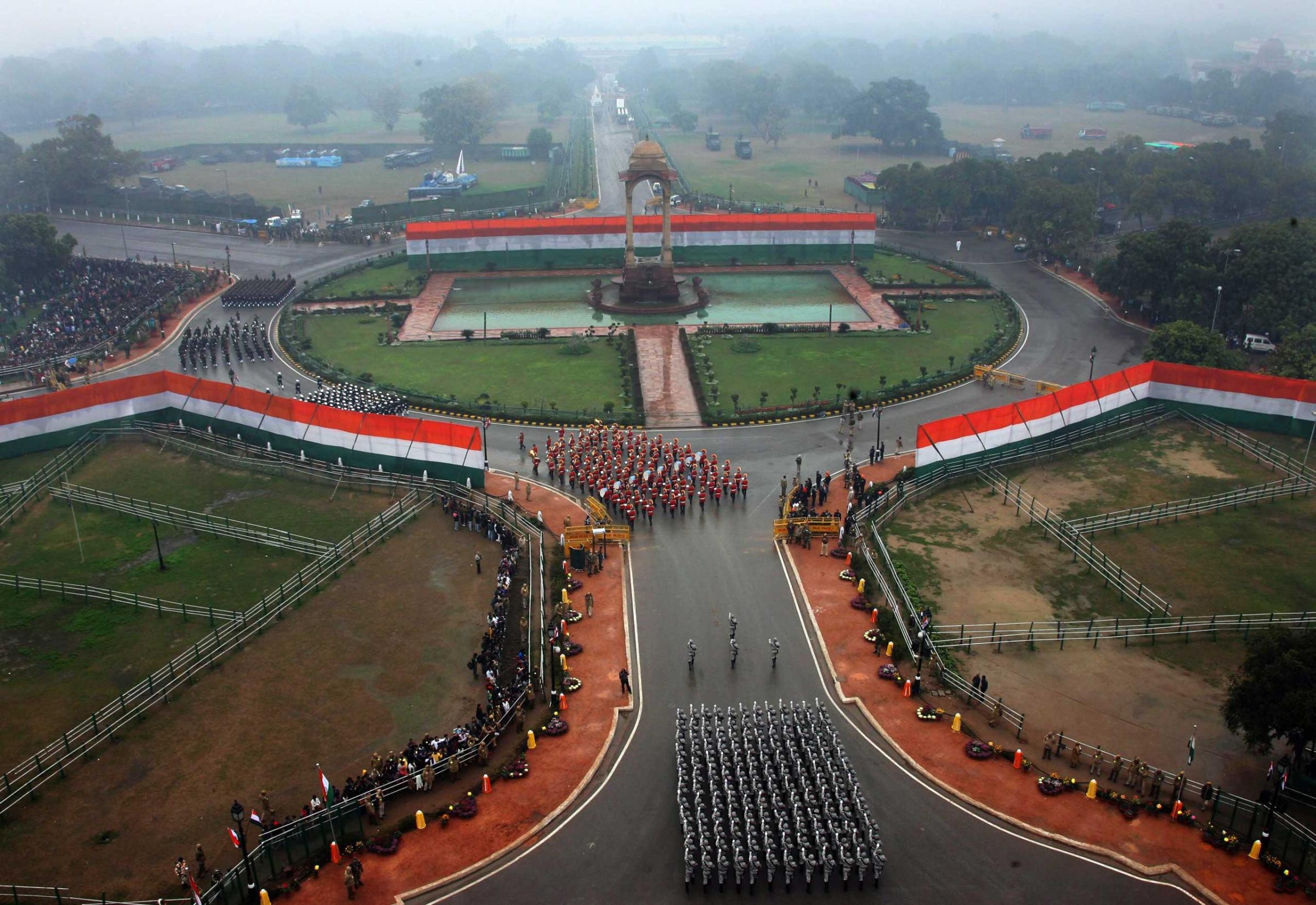 Aaerial view of the Indian paramilitary contingents taking part in India's Republic Day parade in New Delhi, Jan. 26, 2015.