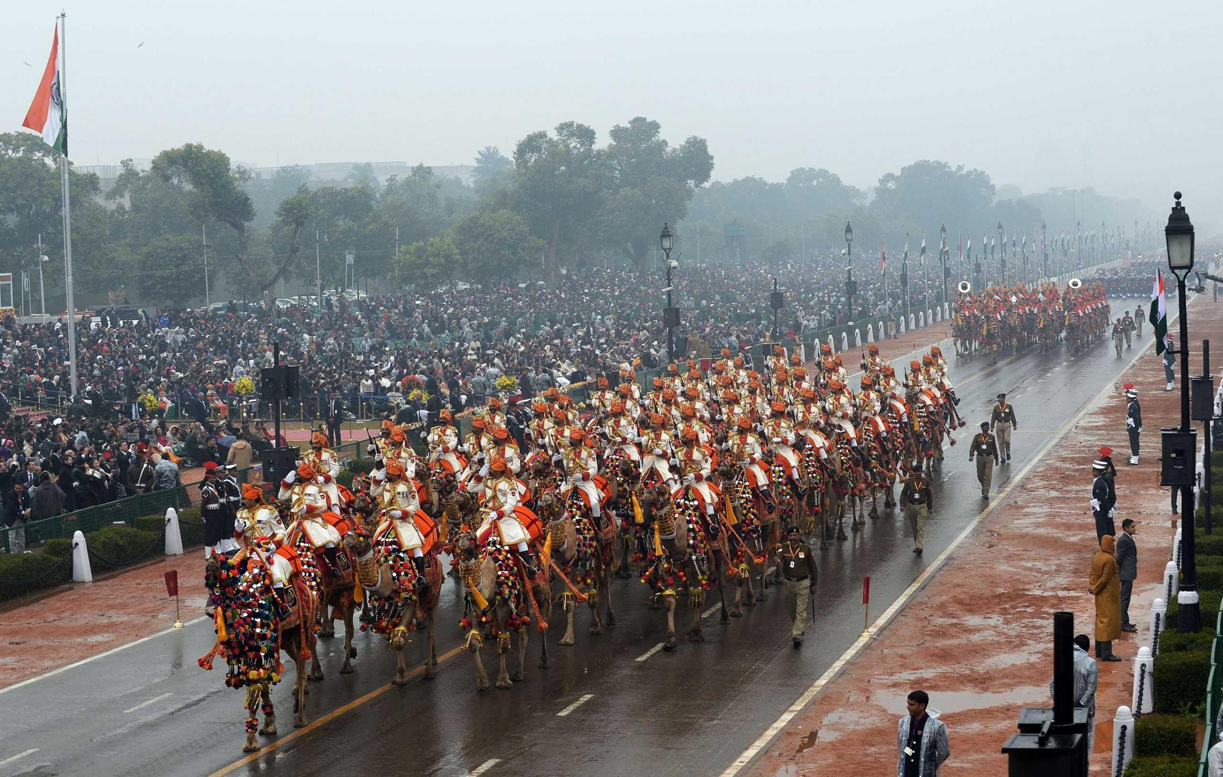 Indian soldiers march in formation down the ceremonial boulevard Rajpath during the Indian Republic Day parade in New Delhi on Jan. 26, 2015.
