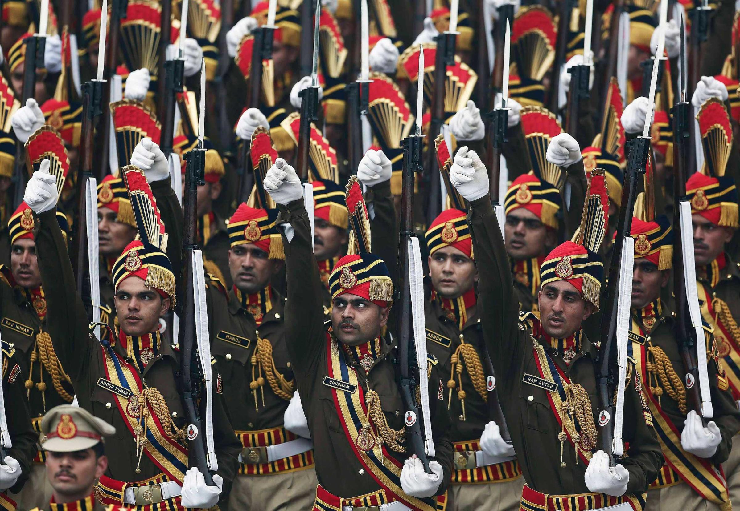 Indian policemen march during the Republic Day parade in New Delhi, Jan. 26, 2015.