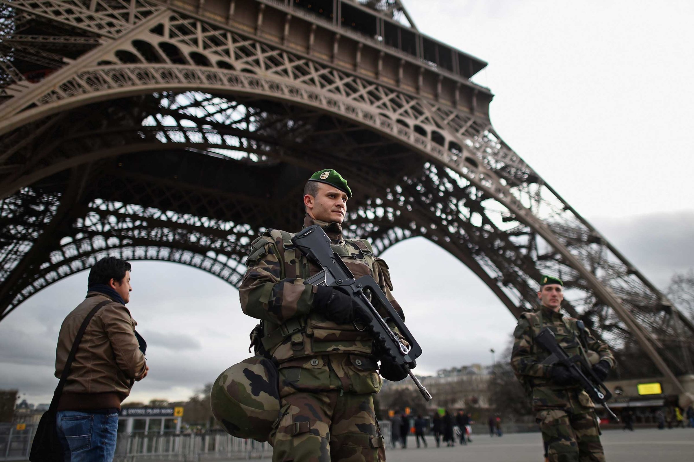 French troops patrol around the Eiffel Tower on Jan. 12, 2015 in Paris.