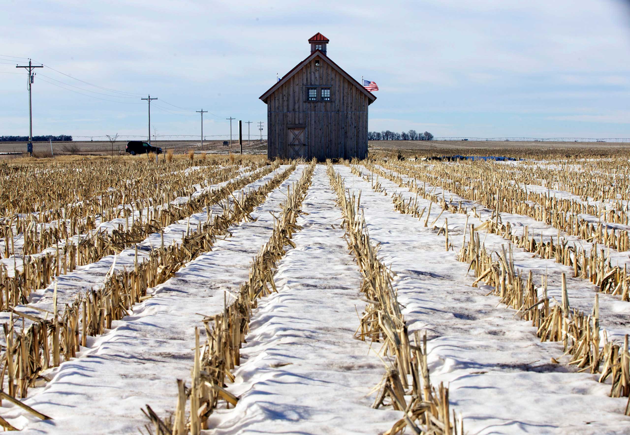 Jan. 16, 2015. A barn, part of the Energy Barn Project built by anti-pipeline activists on the route of the Keystone XL pipeline, stands in a snowy corn field near Bradshaw, Neb. The White House has threatened to veto Republicans' bill to approve the construction of the Keystone XL oil pipeline.