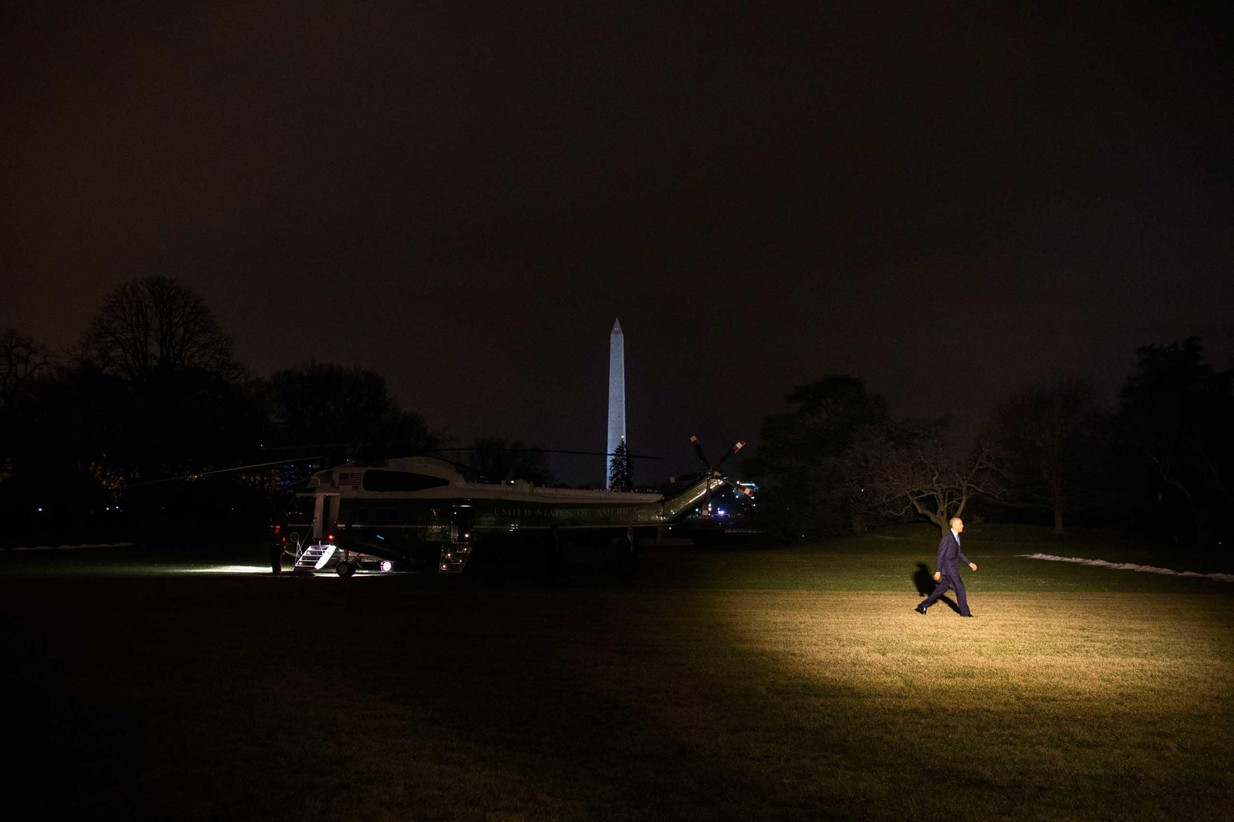 Jan. 14, 2015. President Barack Obama arrives on the South Lawn of the White House in Washington, D.C. after a day trip to Cedar Falls, Iowa to deliver a speech on increasing access to affordable high-speed broadband.