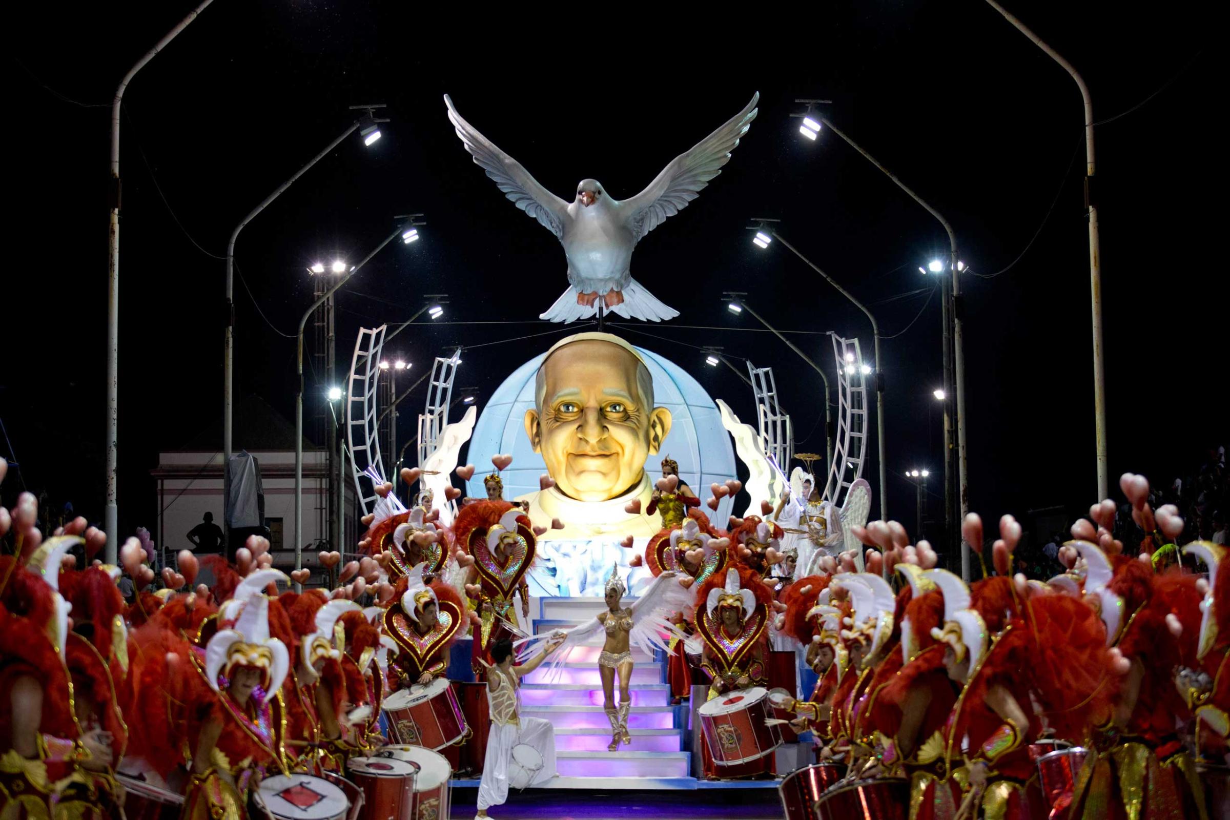 Jan. 11, 2015. The Ara Yevi samba school performs on a float showcasing Pope Francis during carnival in Gualeguaychu, Argentina.