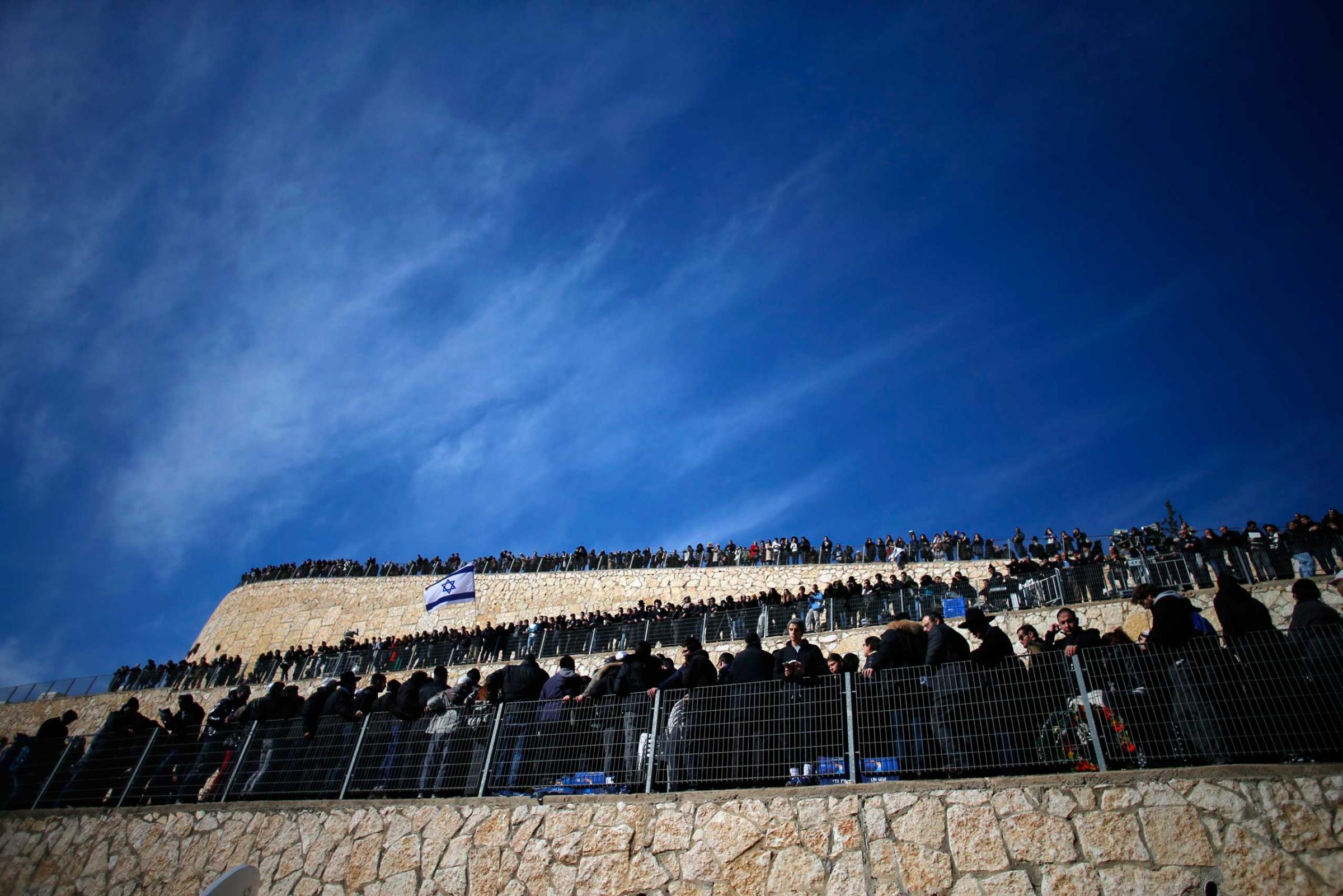 Jan. 13, 2015. Mourners gather for the burial ceremony in Jerusalem for the four victims who were killed by terrorists in a Paris kosher grocery store siege.