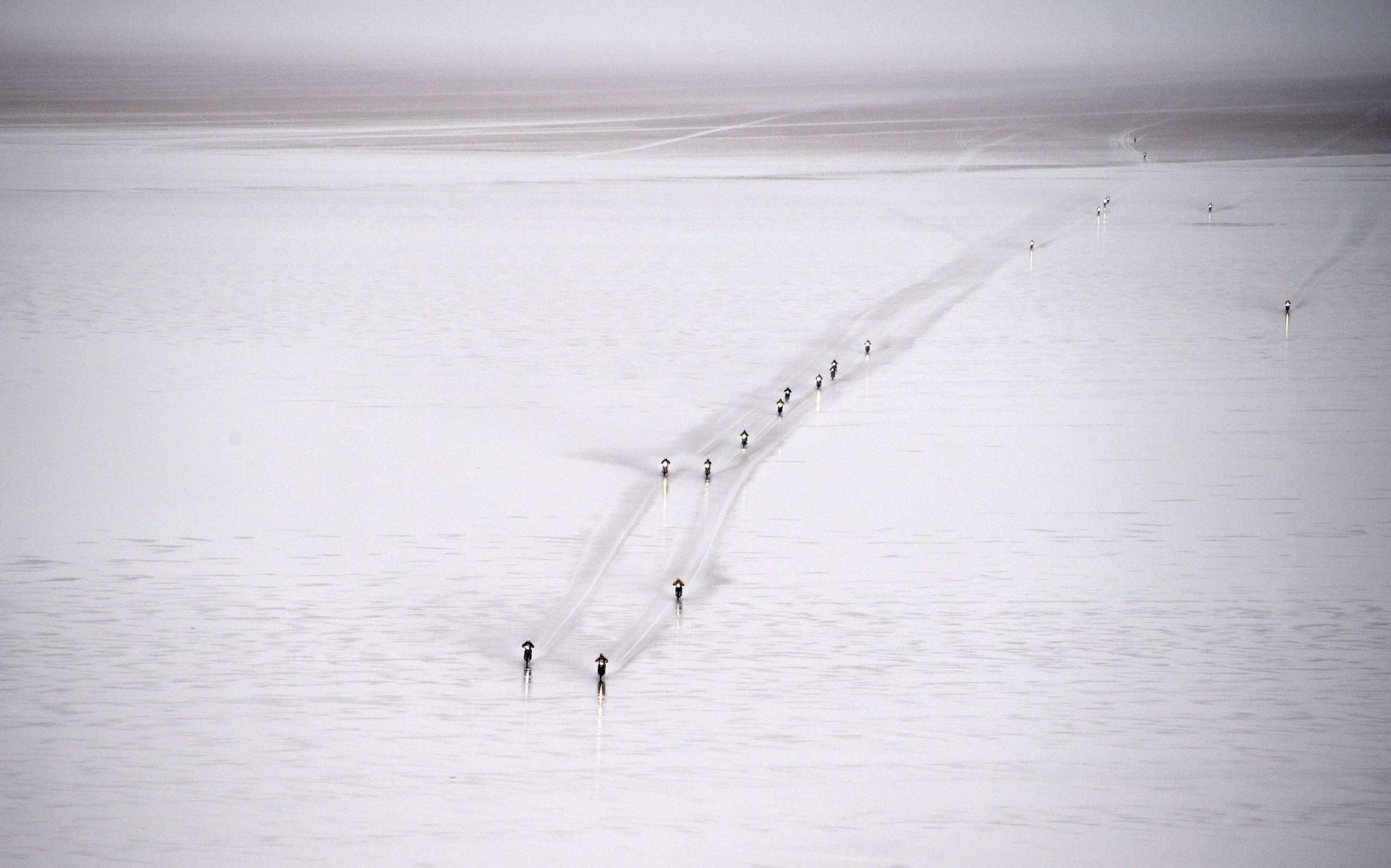 Jan. 12, 2015. Riders compete during 2015 Dakar Rally stage 8 between Uyuni, Bolivia and Iquique, Chile. The Uyuni salt flat is the largest in the world, located in Bolivia near the crest of the Andes, 12,000 ft. above sea level.