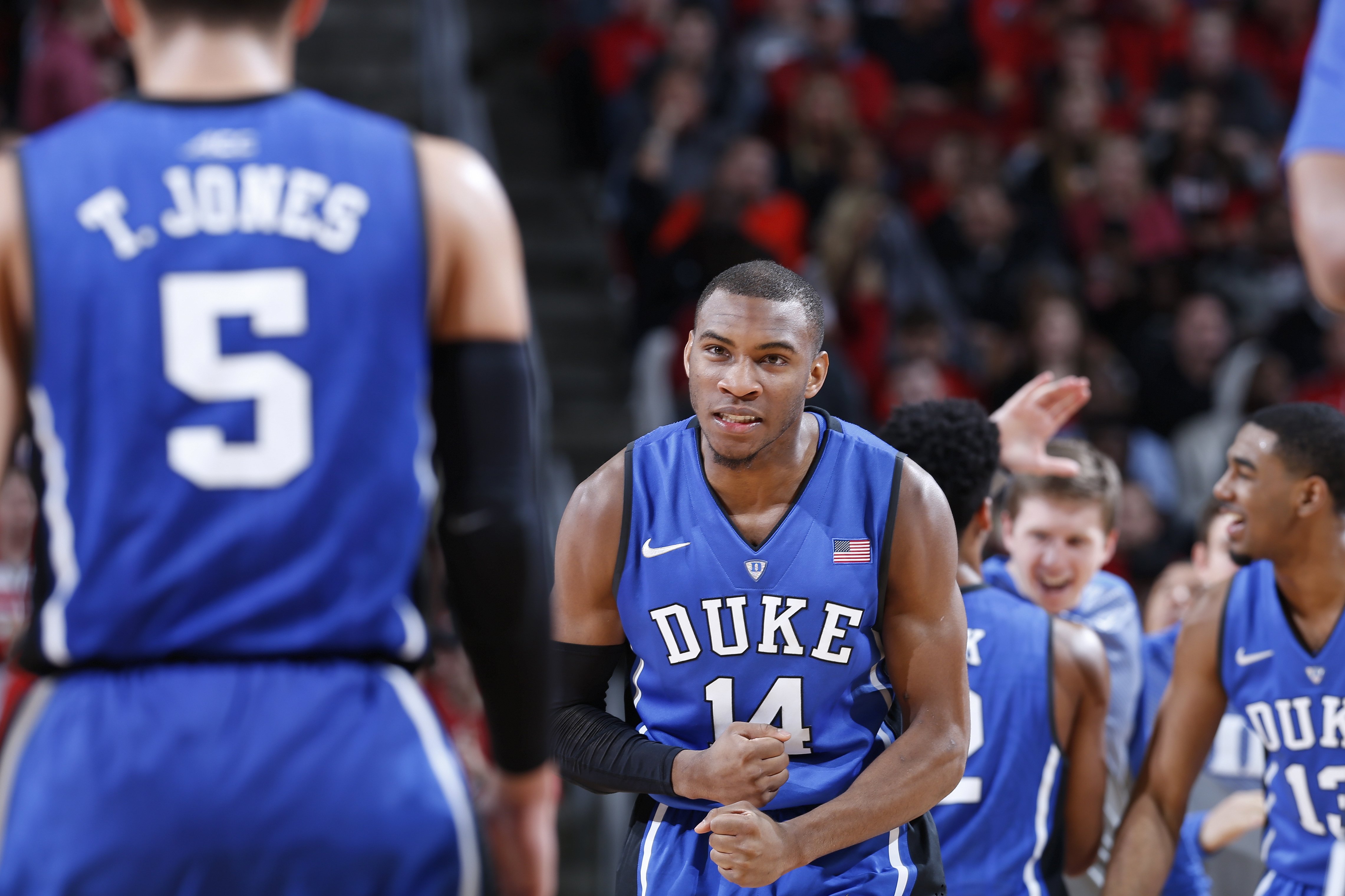 Rasheed Sulaimon of the Duke Blue Devils celebrates against the Louisville Cardinals in the first half of the game at KFC Yum! Center on Jan. 17, 2015 in Louisville, Kentucky.