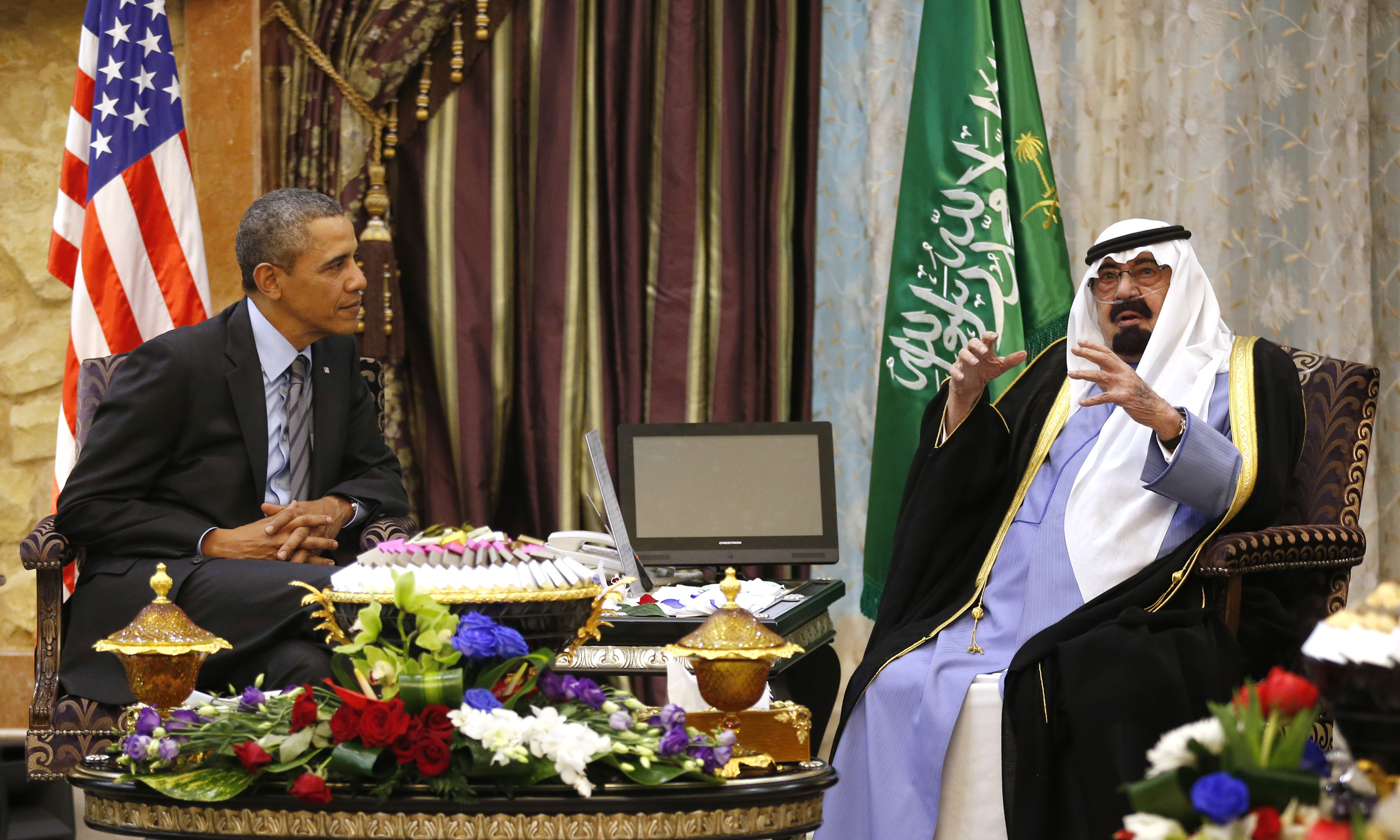 U.S. President Barack Obama meets with King Abdullah at Rawdat al-Khraim (Desert Camp) near Riyadh in Saudi Arabia, March 28, 2014. (Kevin Lamarque—Reuters)
