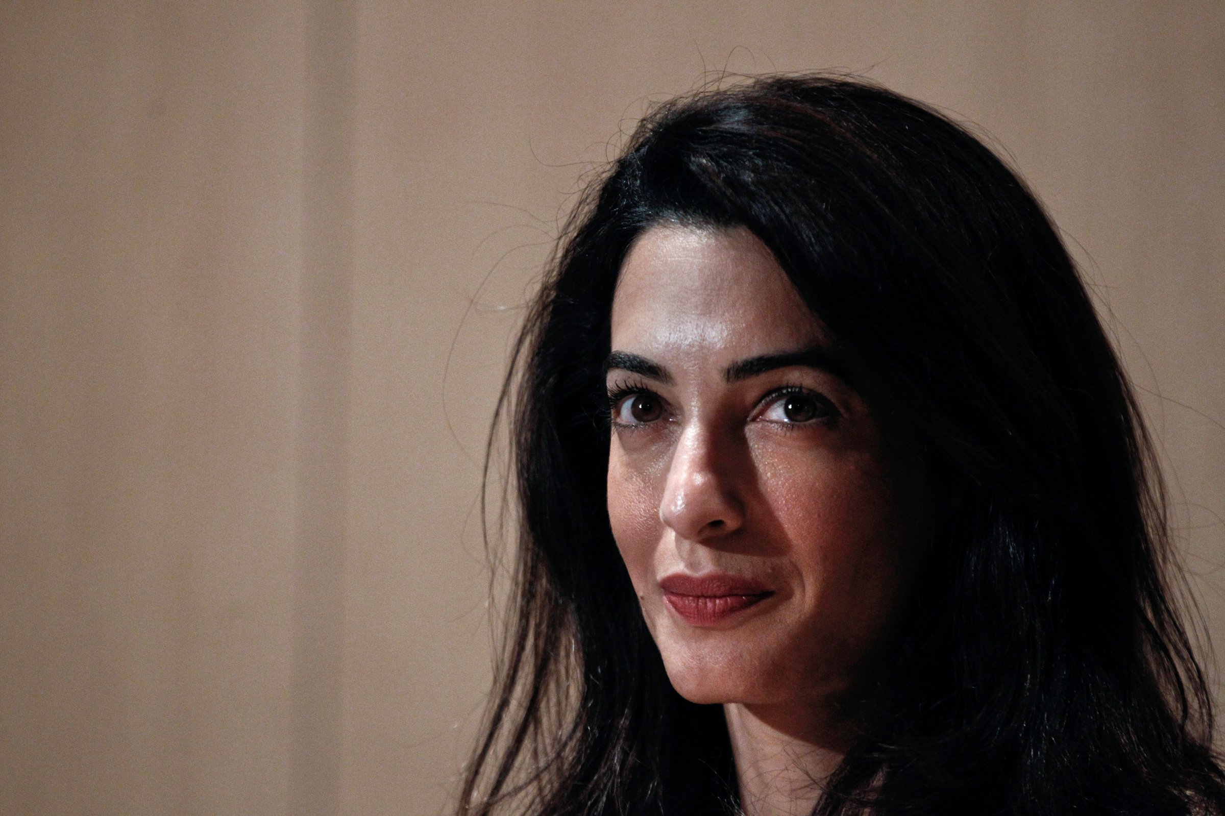 Human rights lawyer Amal Alamuddin Clooney looks on during a news conference at the Acropolis museum in Athens