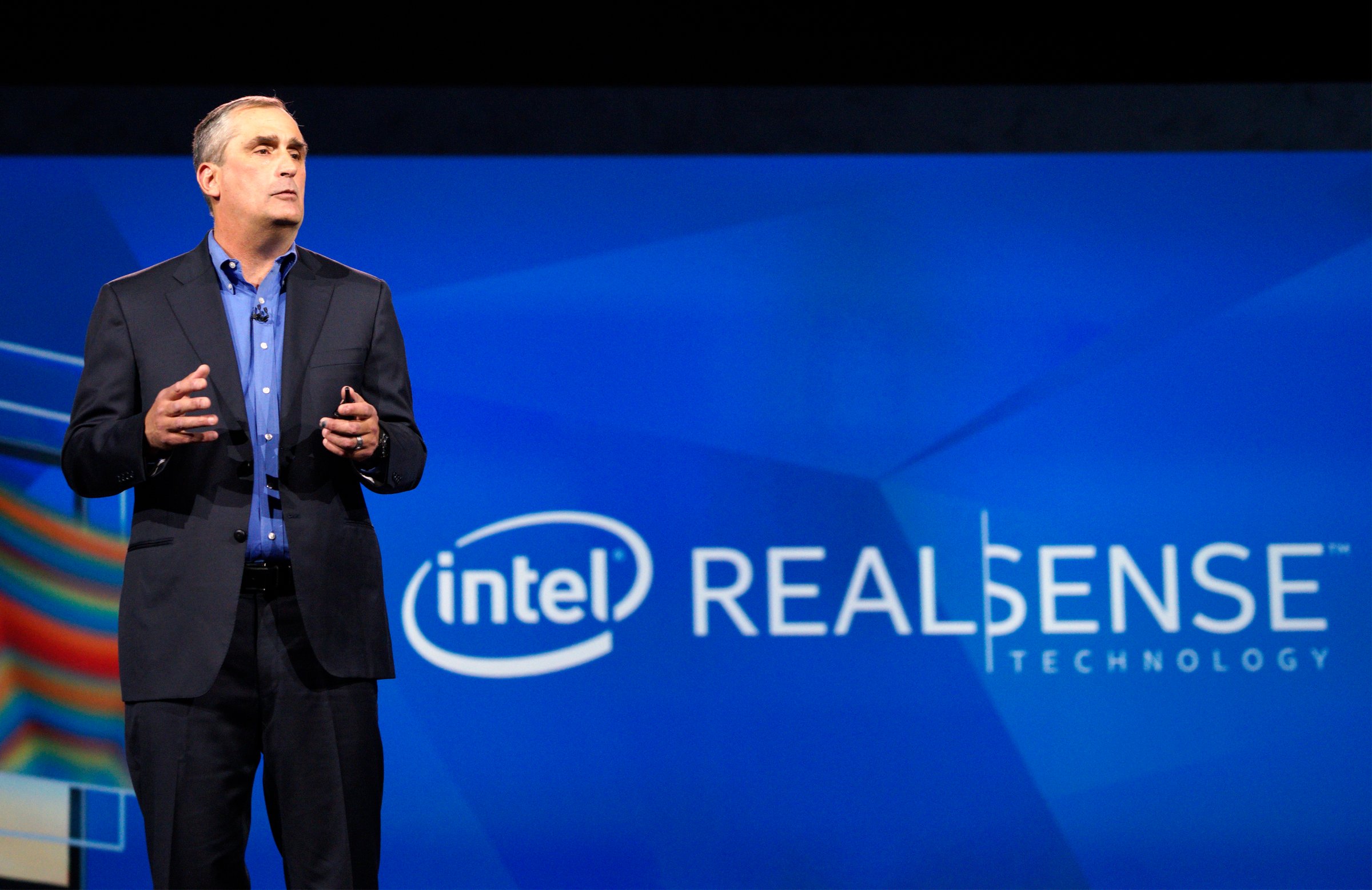 Krzanich, CEO of Intel, talks about the company's RealSense camera technology at his keynote at the International Consumer Electronics show in Las Vegas