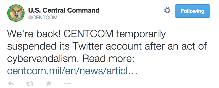 Central Command's feed was back in operation Tuesday. (Twitter)