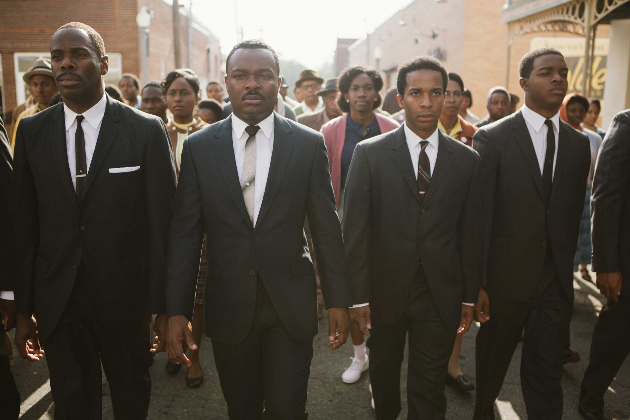 Left to right, foreground: Colman Domingo plays Ralph Abernathy, David Oyelowo plays Dr. Martin Luther King, Jr., André Holland plays Andrew Young, and Stephan James plays John Lewis in <i>Selma</i>. (Atsushi Nishijima—Paramount Pictures)