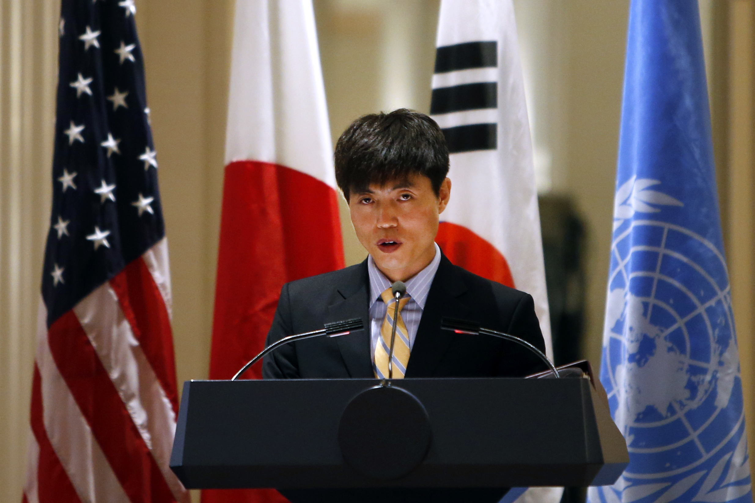 North Korean human-rights activist Shin Dong-hyuk delivers remarks during an event on human rights in North Korea at the Waldorf Astoria Hotel, in New York City, on Sept. 23, 2014 (Jason DeCrow—AP)
