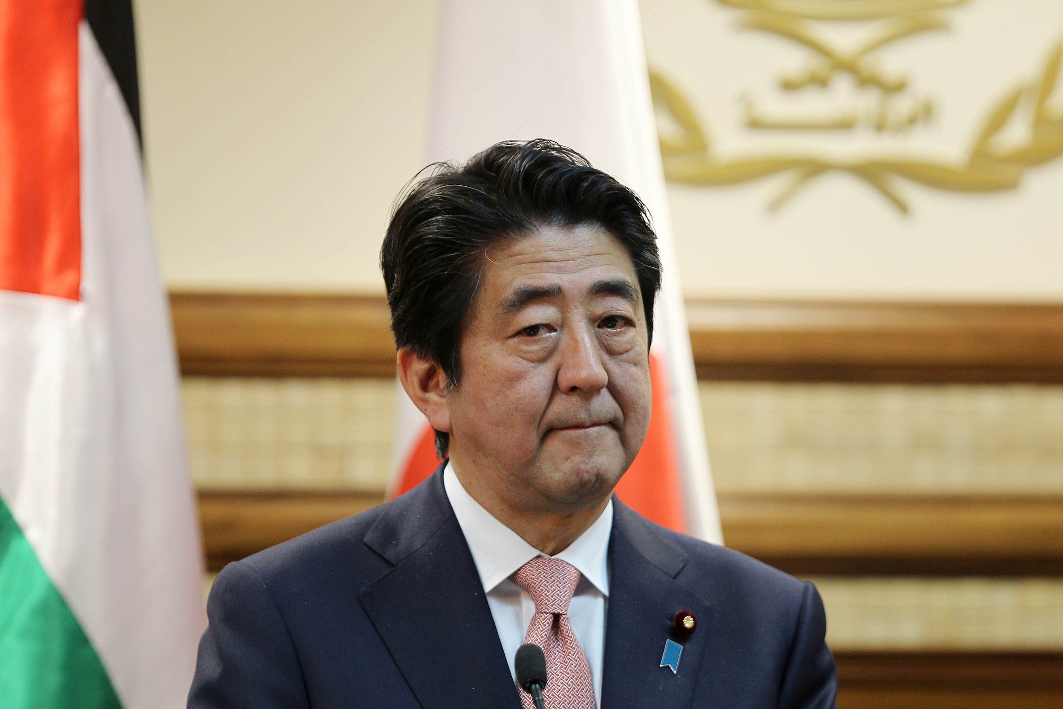 Japan's Prime Minister Shinzo Abe looks on during a press conference with Palestinian president Mahmud Abbas on Jan. 20, 2015, in the West Bank city of Ramallah. (Abbas Momani—AFP/Getty Images)