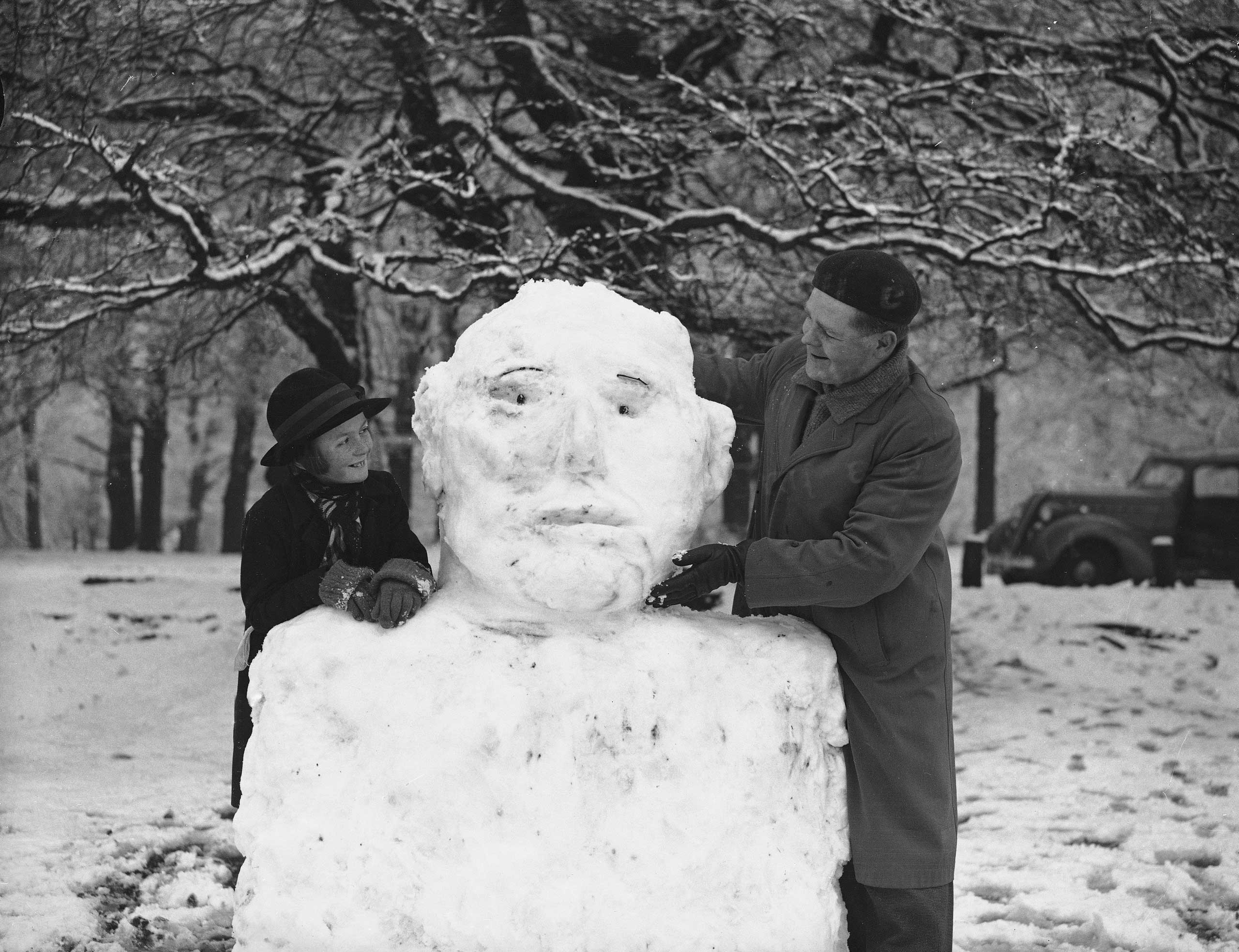 An unusually large snowman on Box Hill in Surrey, England, on Mar. 7, 1937